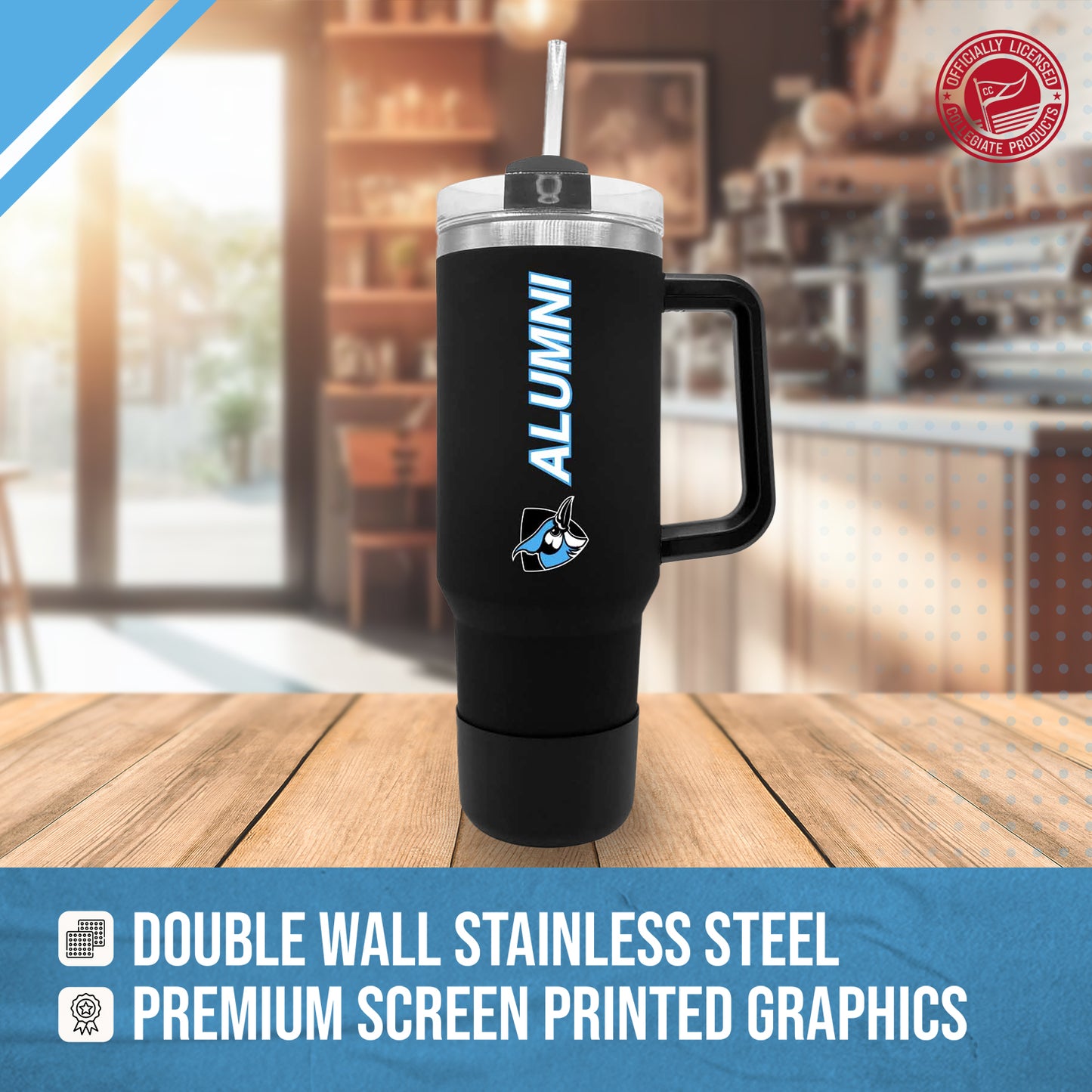 Johns Hopkins Blue Jays Collegiate 40oz Stainless Steel Travel Tumbler with Handle for Alumni - Black
