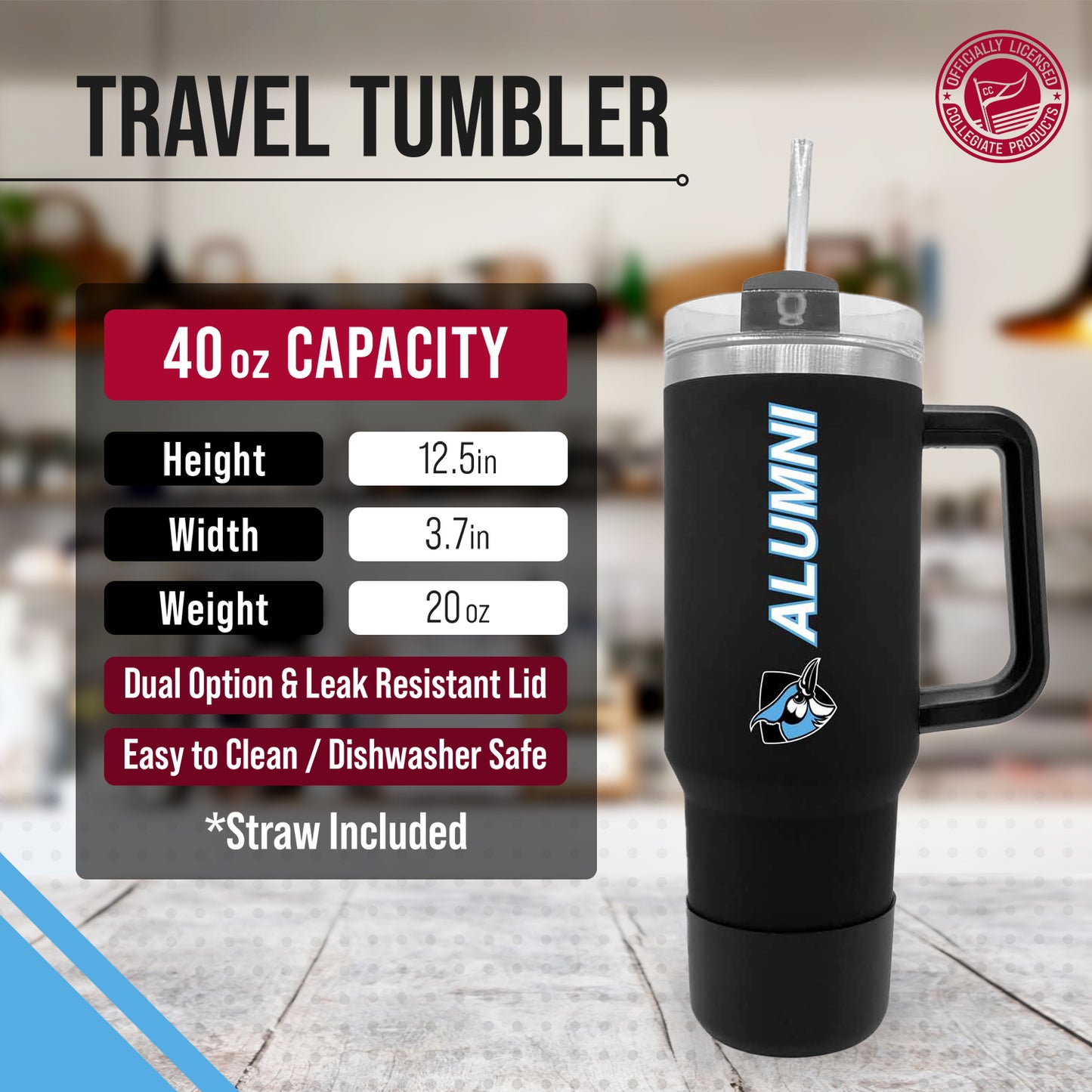 Johns Hopkins Blue Jays Collegiate 40oz Stainless Steel Travel Tumbler with Handle for Alumni - Black