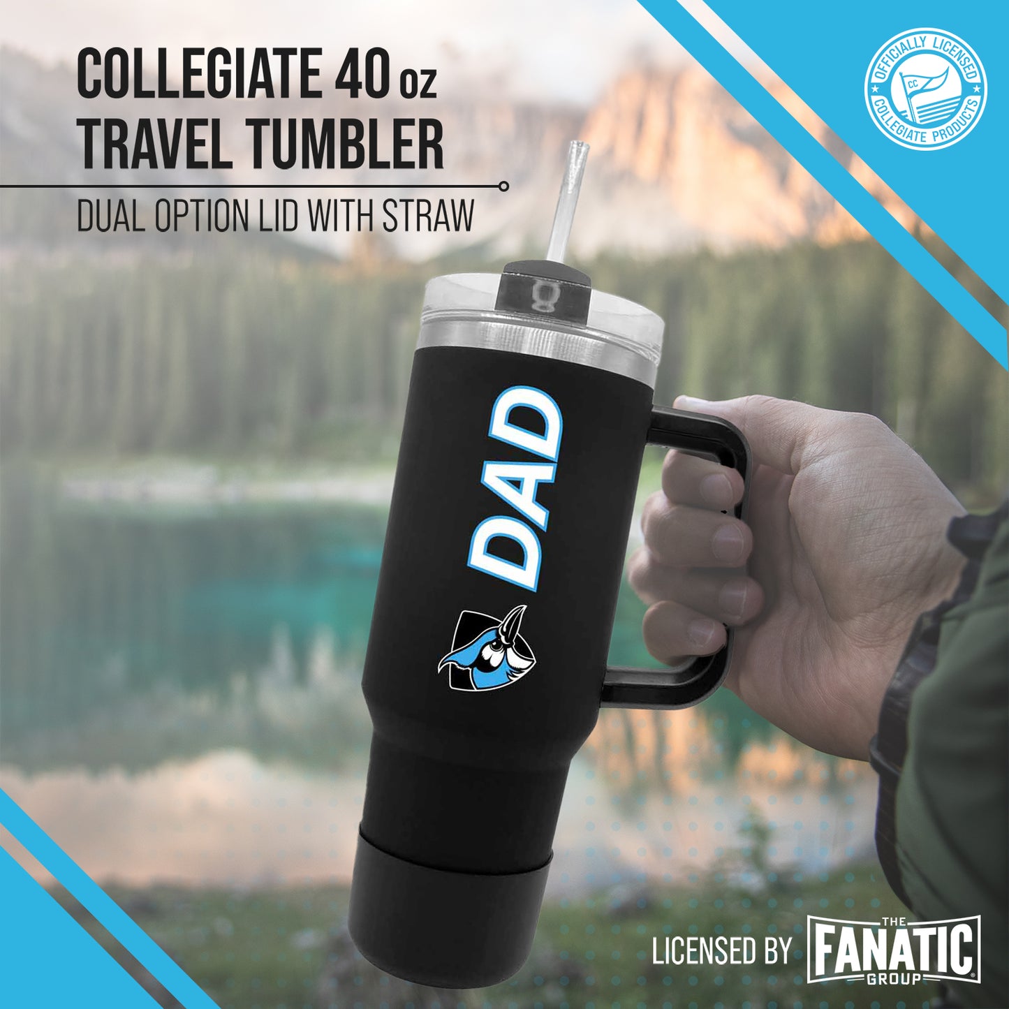Johns Hopkins Blue Jays Collegiate 40oz Stainless Steel Travel Tumbler with Handle for Dad - Black