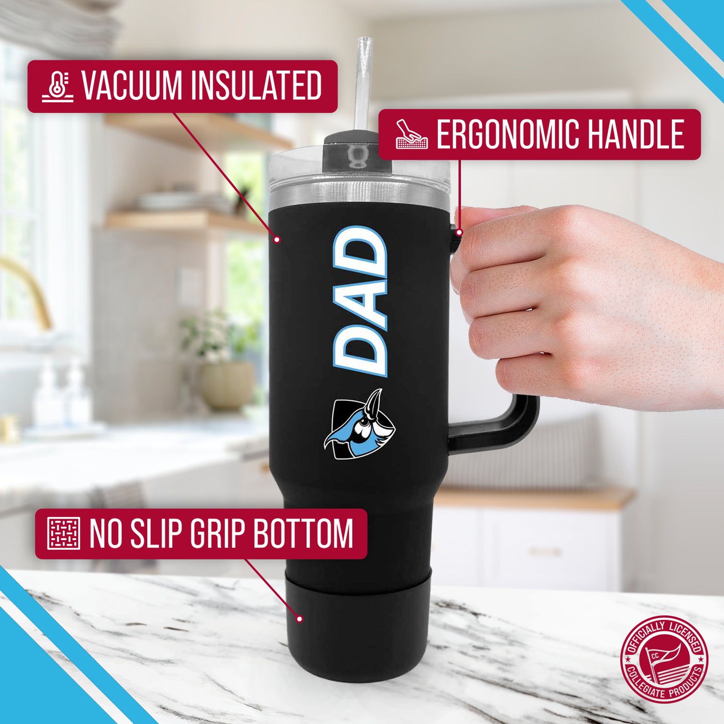 Johns Hopkins Blue Jays Collegiate 40oz Stainless Steel Travel Tumbler with Handle for Dad - Black