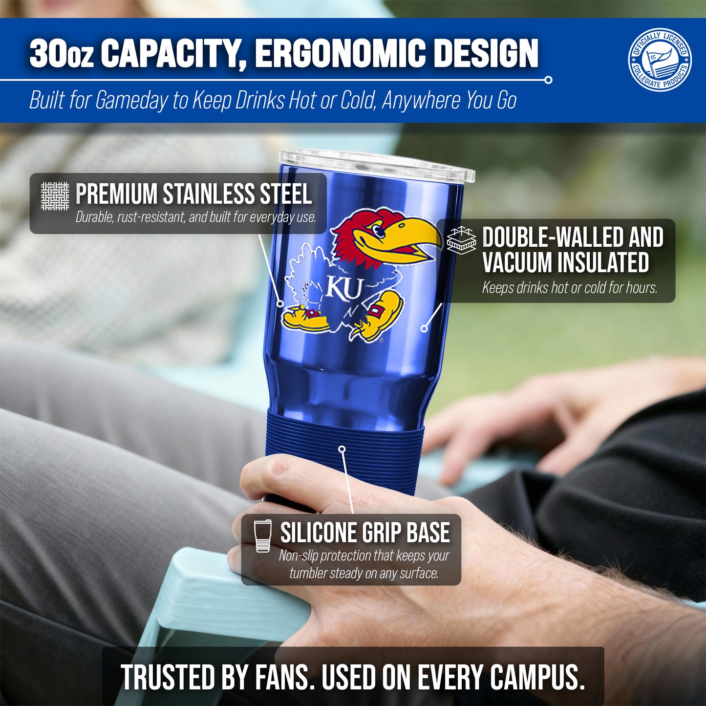 Kansas Jayhawks NCAA University 30oz Stainless Steel Vacuum Insulated Game Day Tumbler with Silicone Grip - Royal