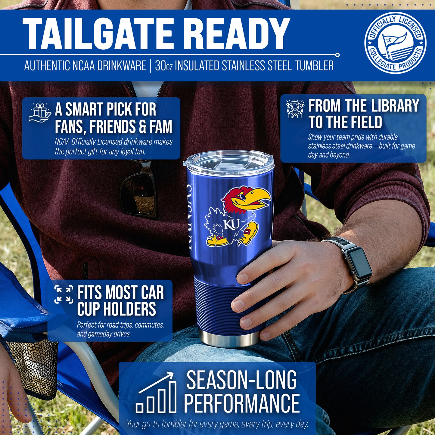 Kansas Jayhawks NCAA University 30oz Stainless Steel Vacuum Insulated Game Day Tumbler with Silicone Grip - Royal
