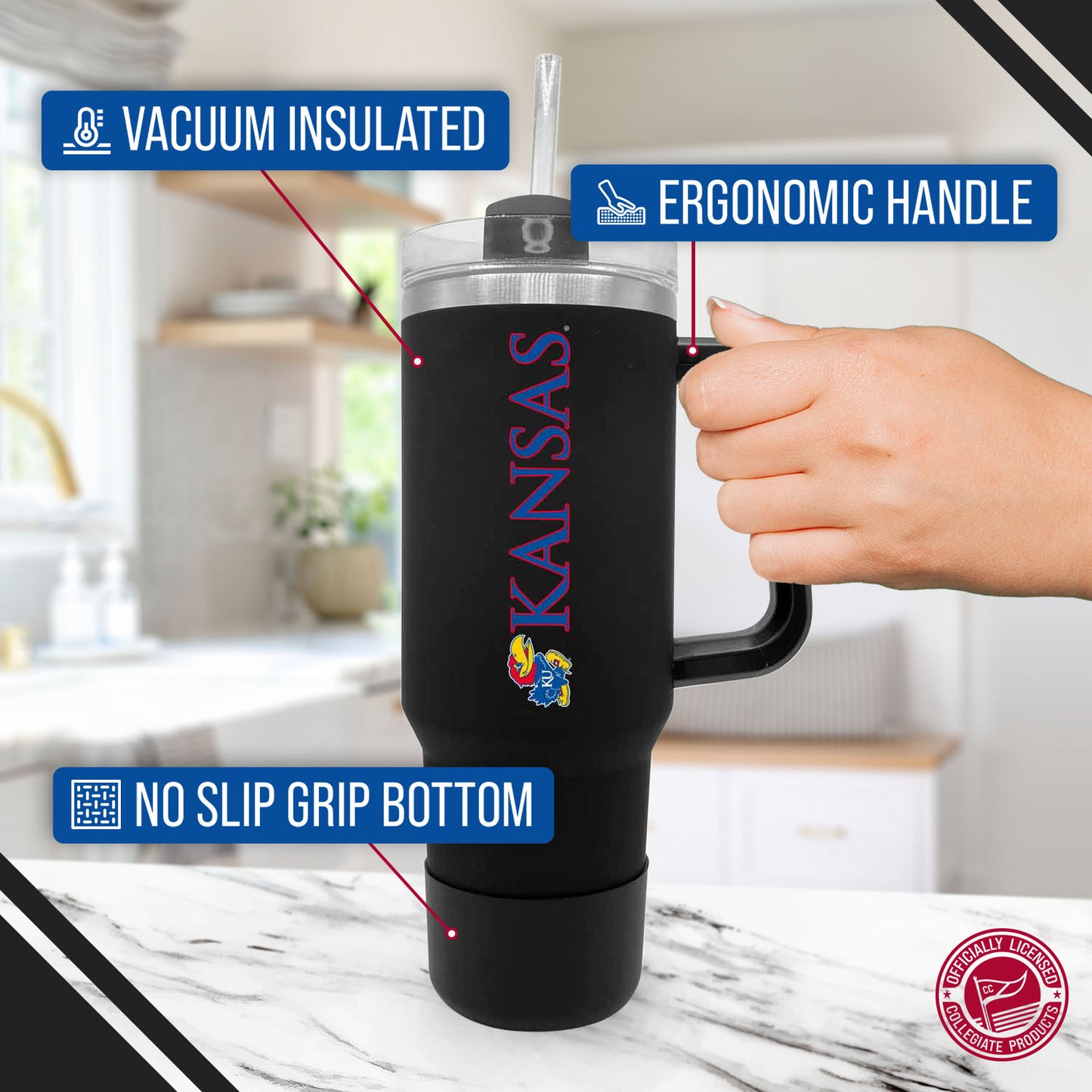 Kansas Jayhawks College & University 40 oz Travel Tumbler With Handle - Black