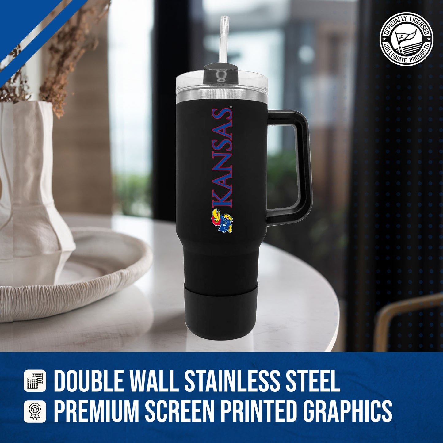 Kansas Jayhawks College & University 40 oz Travel Tumbler With Handle - Black