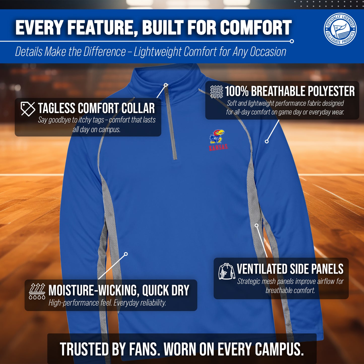 Kansas Jayhawks Mens NCAA Campus Classic Long Sleeve 1/4 Zip Windshirt - Royal