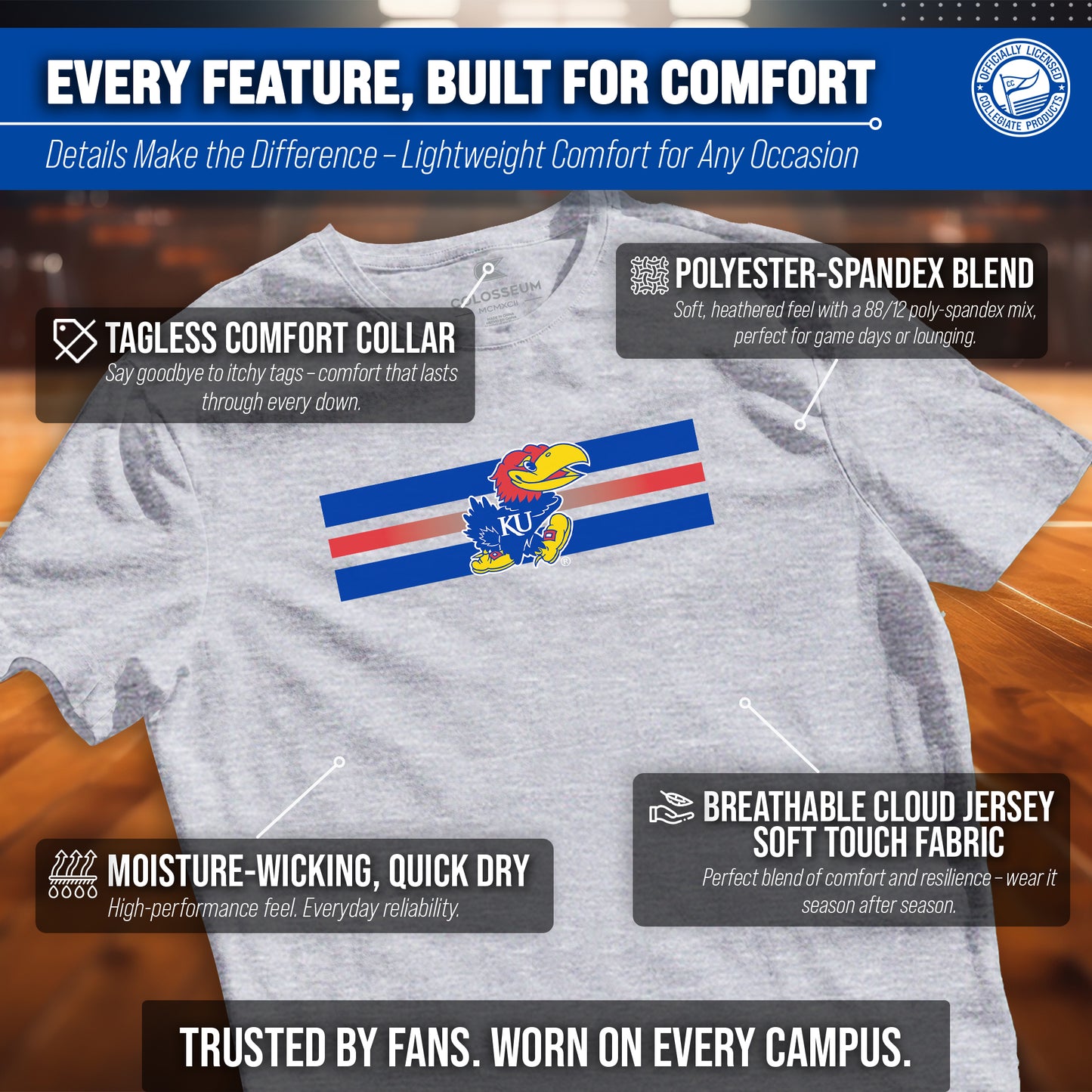 Kansas Jayhawks Unisex NCAA Scholarship Cloud Jersey Athletic Short Sleeve Performance Tee - Gray Heather