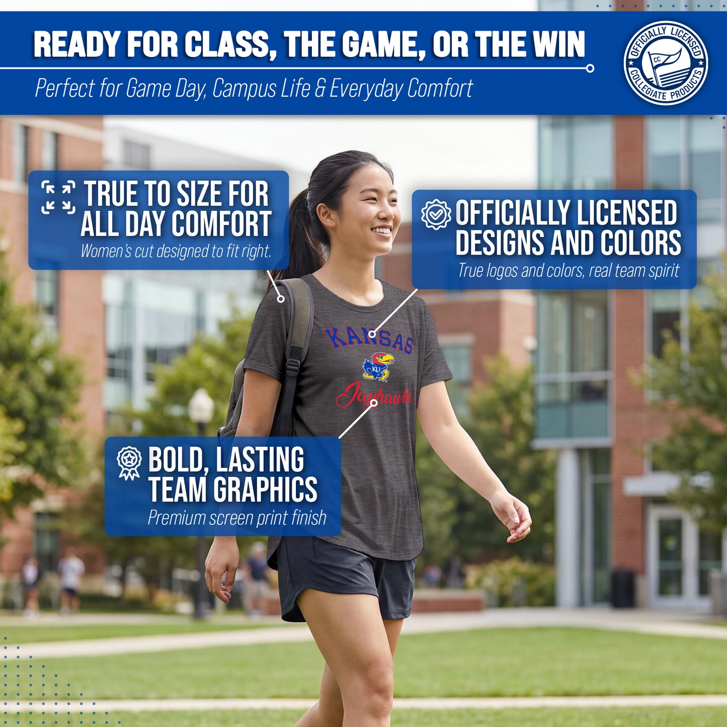 Kansas Jayhawks NCAA Womens Tag-Less Ultra Soft Tailgate T-Shirt - Black Heather