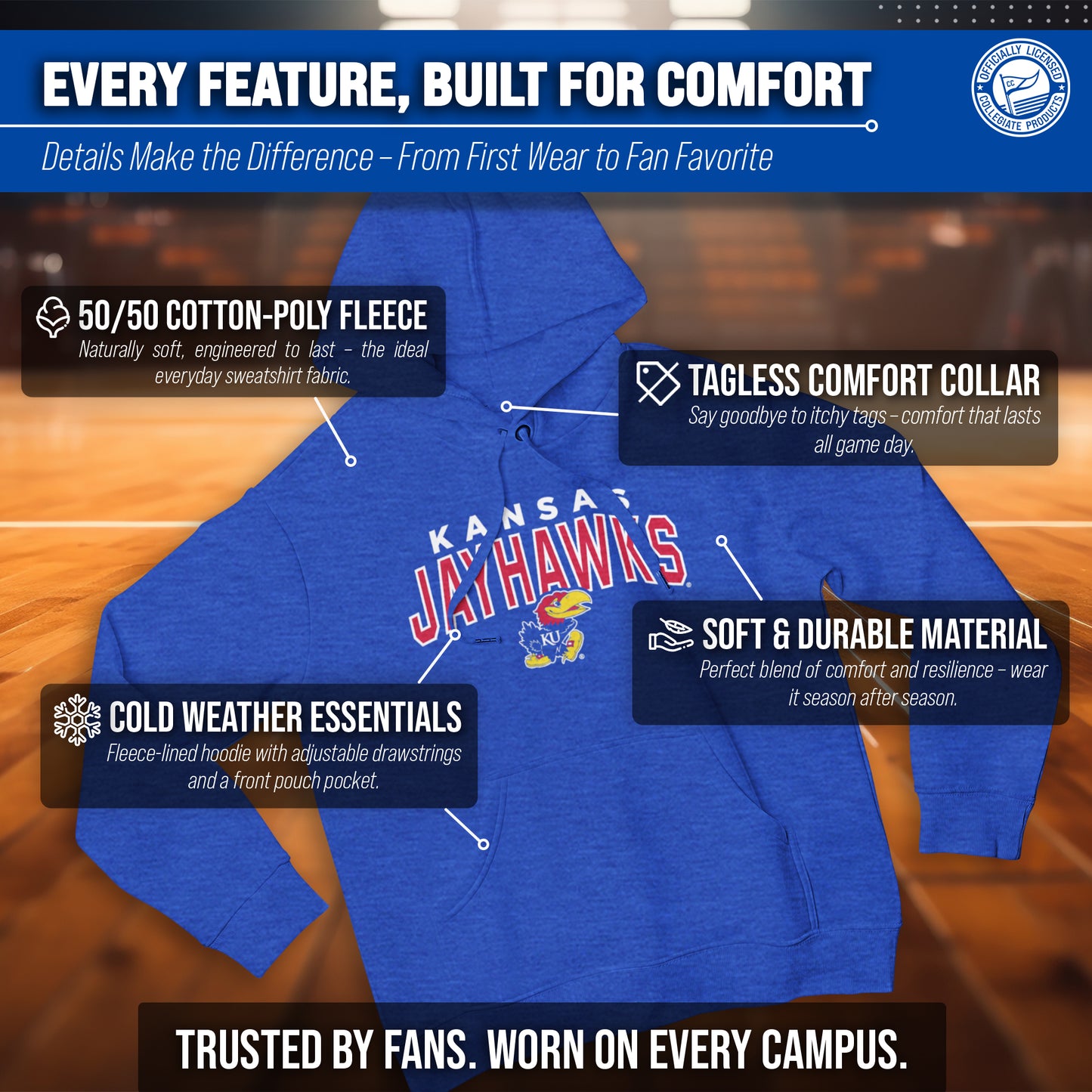 Kansas Jayhawks NCAA Adult Unisex Starting Fresh Heathered Hooded Fleece Sweatshirt - Royal Heather