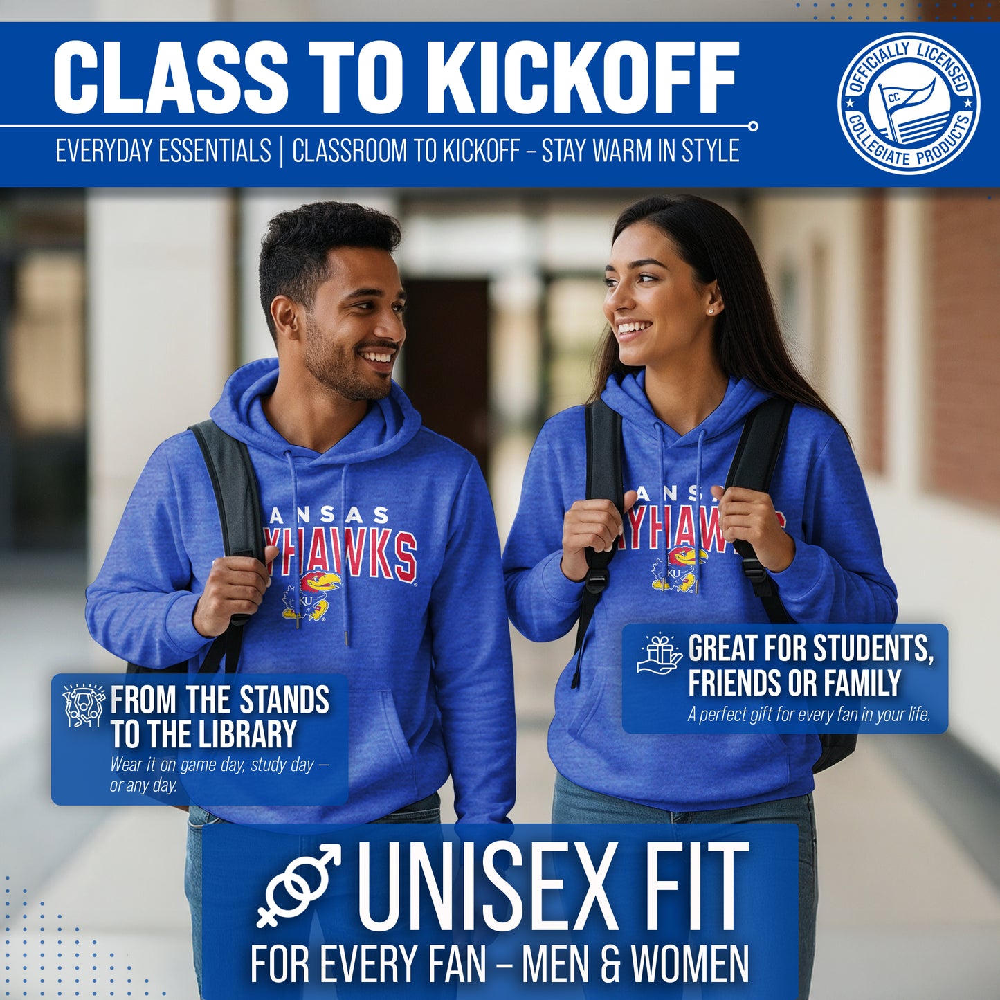 Kansas Jayhawks NCAA Adult Unisex Starting Fresh Heathered Hooded Fleece Sweatshirt - Royal Heather