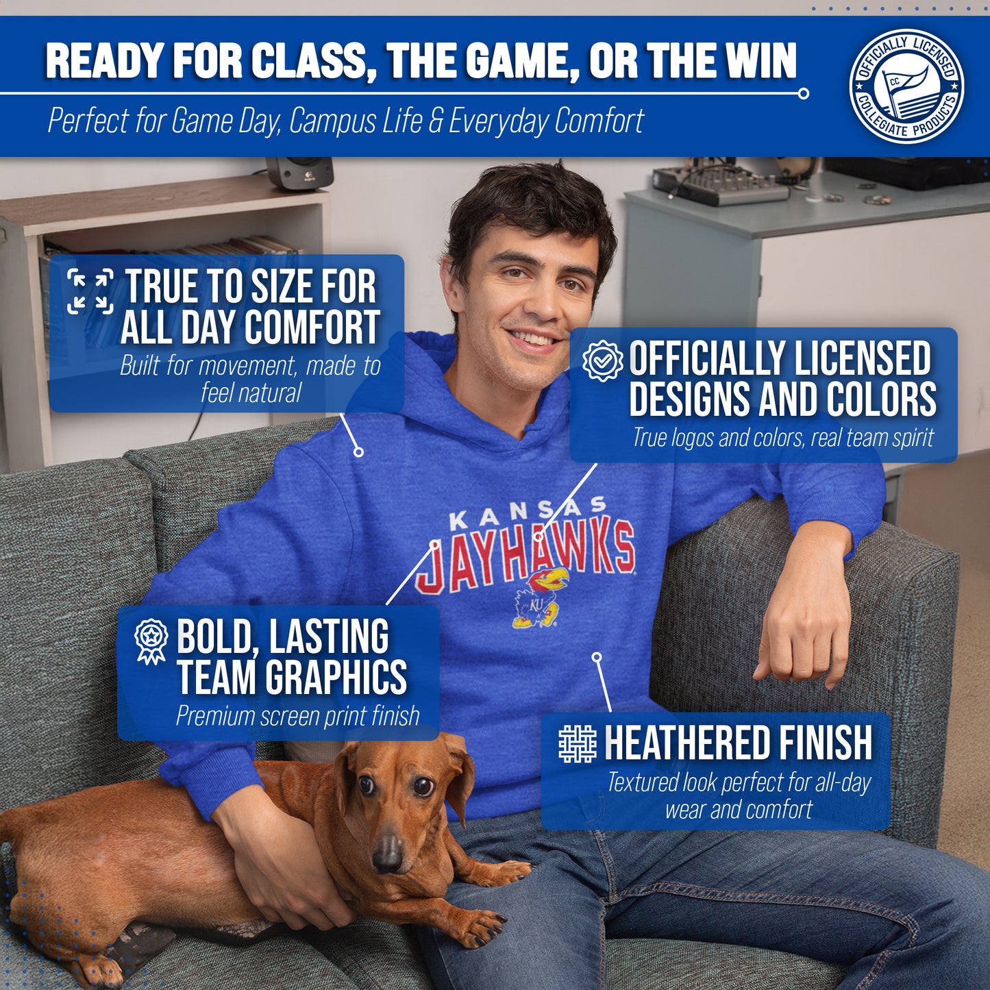 Kansas Jayhawks NCAA Adult Unisex Starting Fresh Heathered Hooded Fleece Sweatshirt - Royal Heather