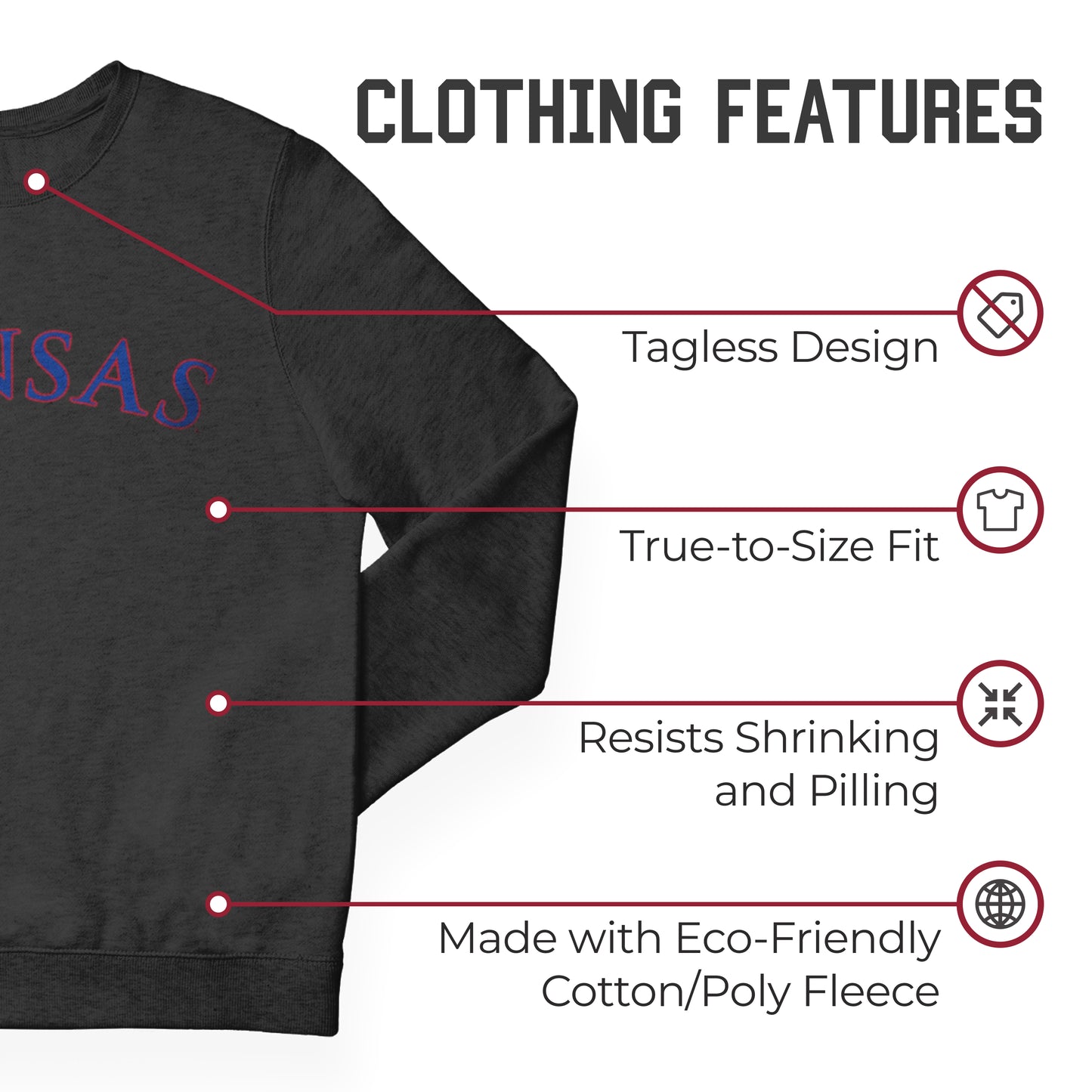 Kansas Jayhawks NCAA Adult Charcoal Crewneck Fleece Sweatshirt - Charcoal