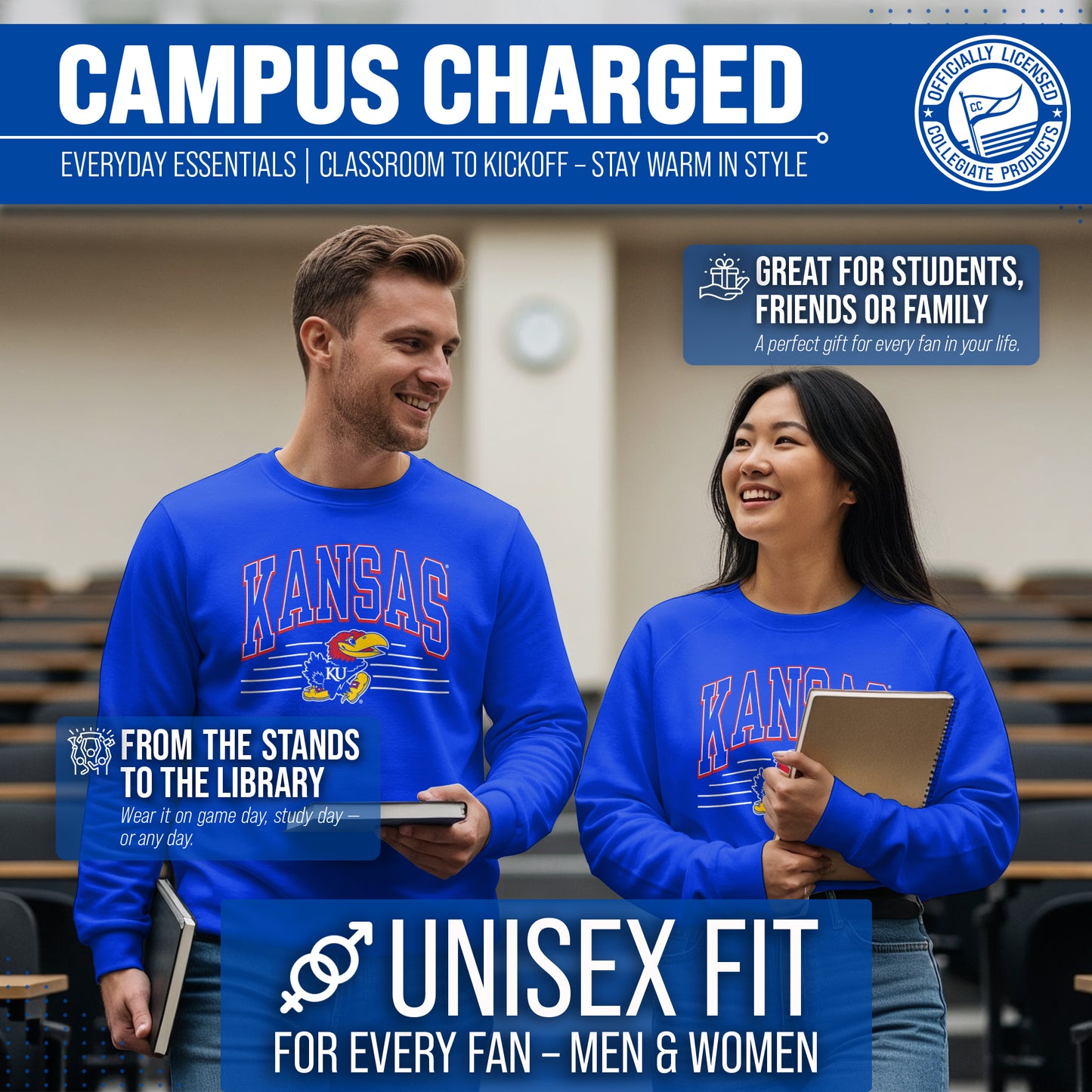 Kansas Jayhawks NCAA Adult Unisex Overtime Classics Crewneck Fleece Sweatshirt - Royal