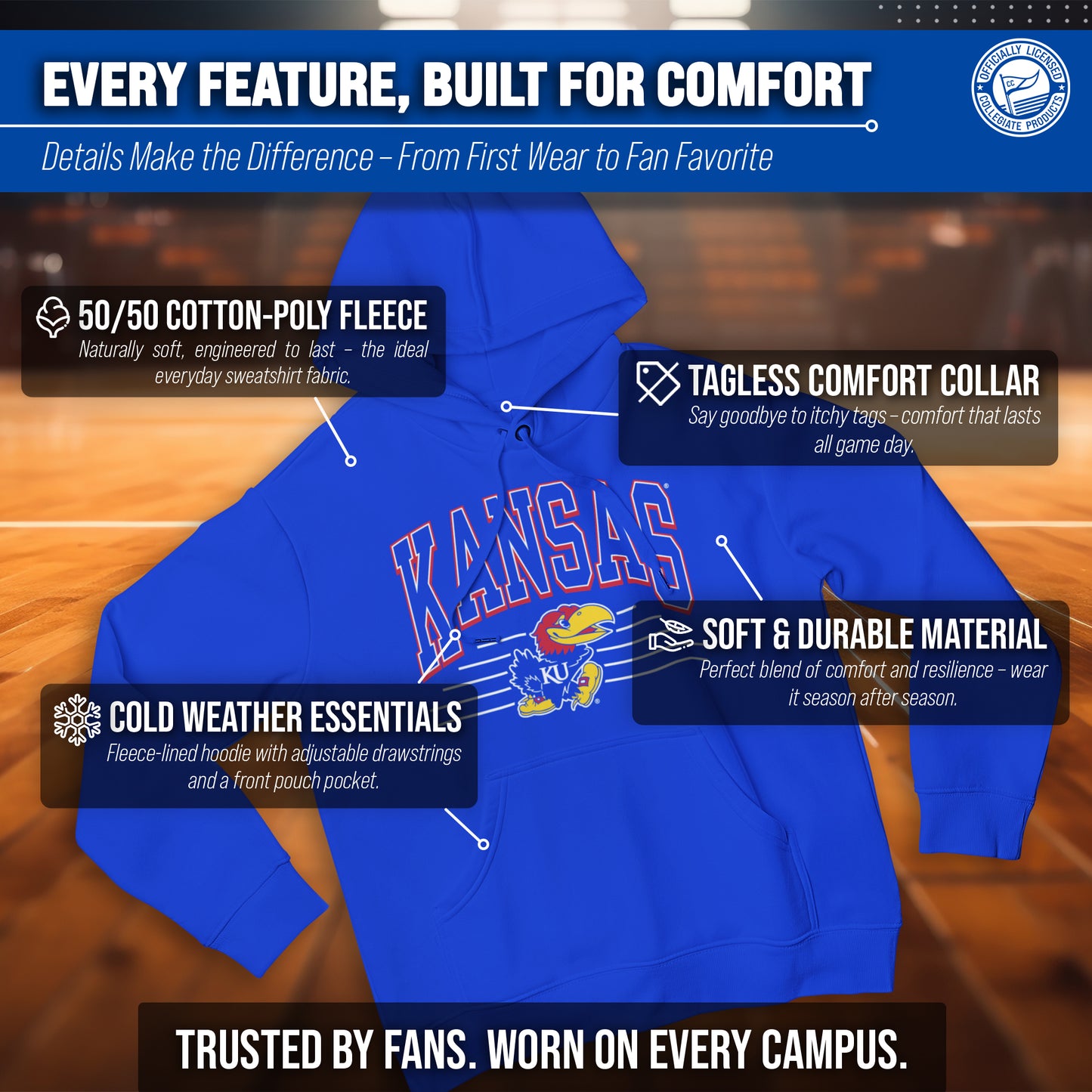Kansas Jayhawks NCAA Adult Unisex Overtime Classics Hooded Fleece Sweatshirt - Royal