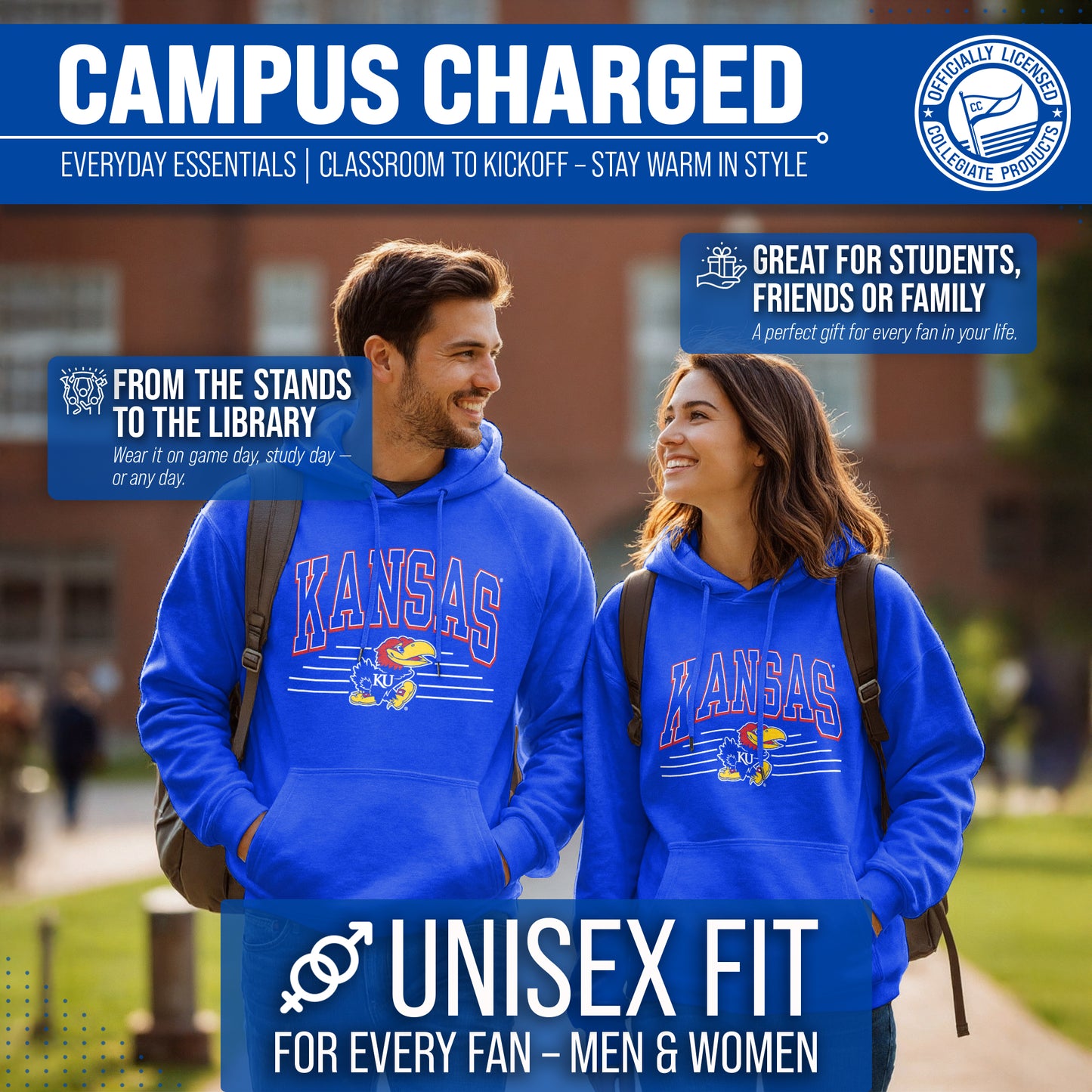 Kansas Jayhawks NCAA Adult Unisex Overtime Classics Hooded Fleece Sweatshirt - Royal
