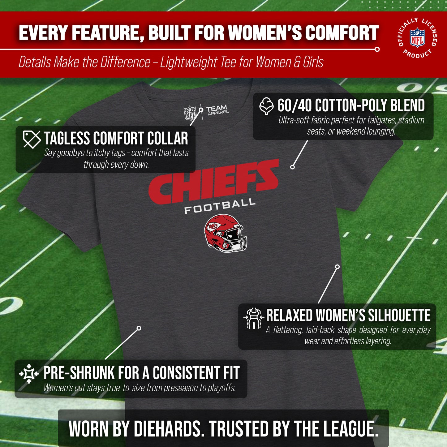 Kansas City Chiefs Women's NFL Football Helmet Short Sleeve Tagless T-Shirt - Charcoal