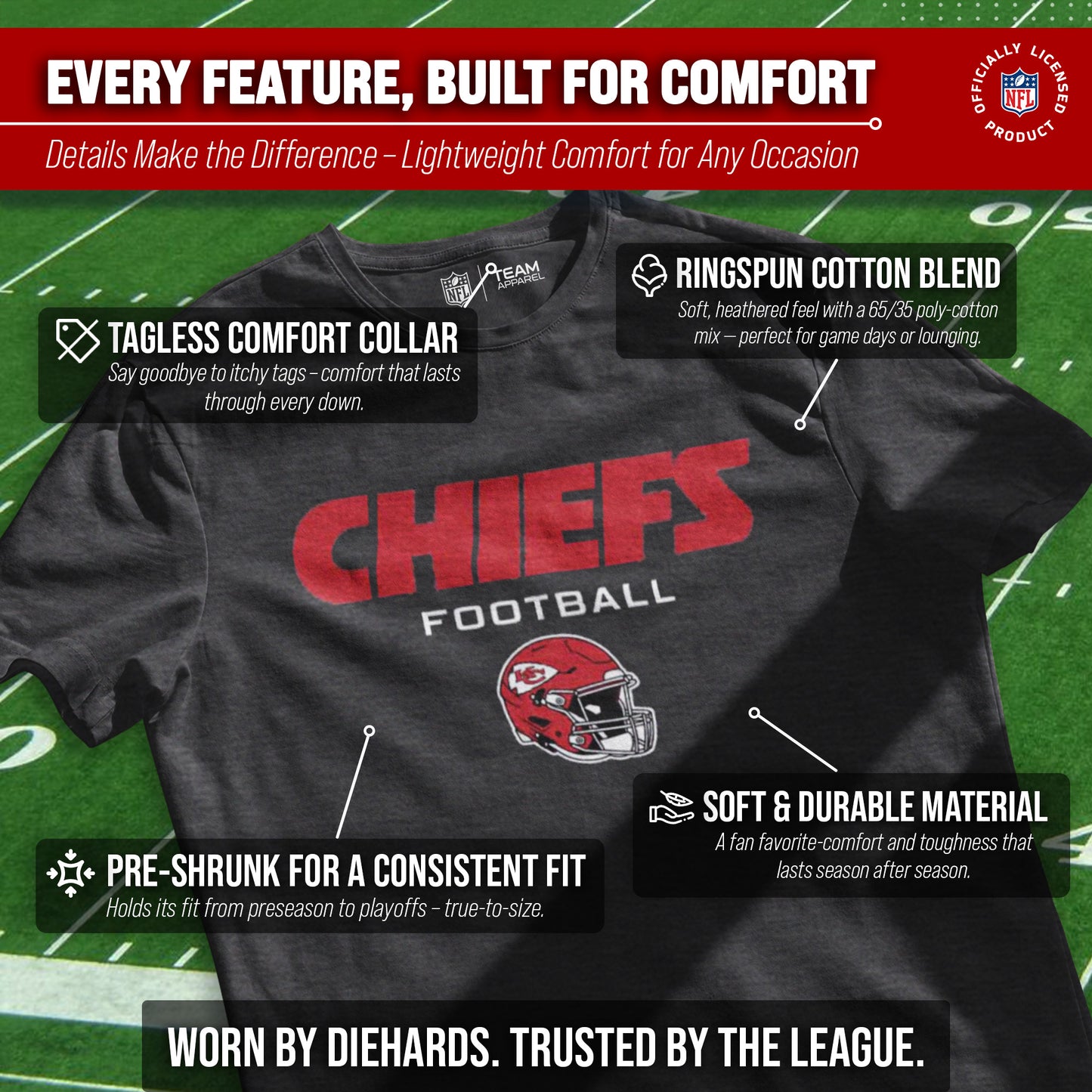 Kansas City Chiefs NFL Adult Football Helmet Tagless T-Shirt - Charcoal