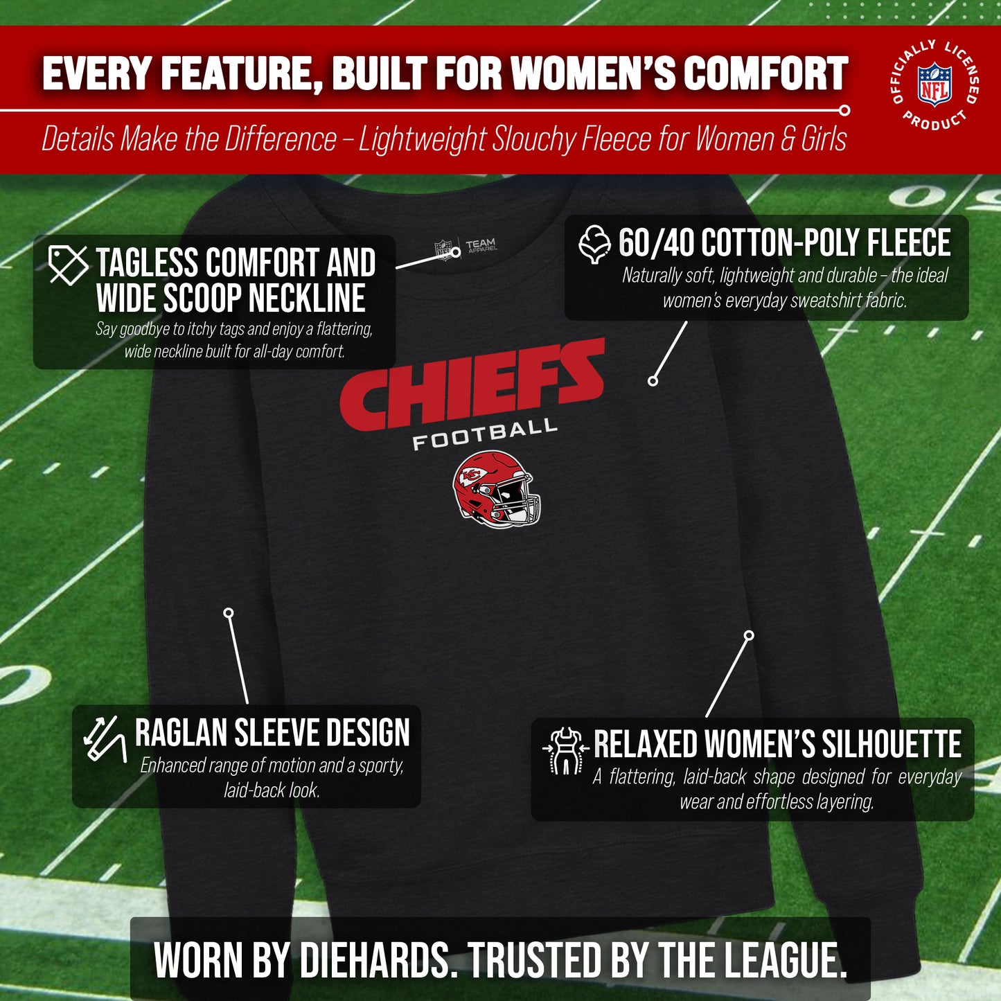 Kansas City Chiefs NFL Womens Helmet French Terry Slouchy Top - Charcoal