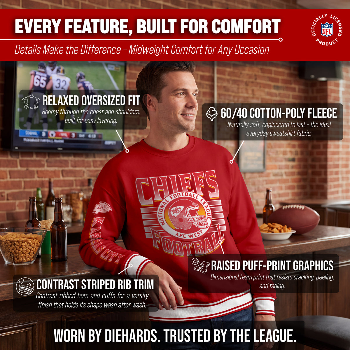 Kansas City Chiefs NFL Men's Franchise Striped Rib Oversized Crewneck - Red
