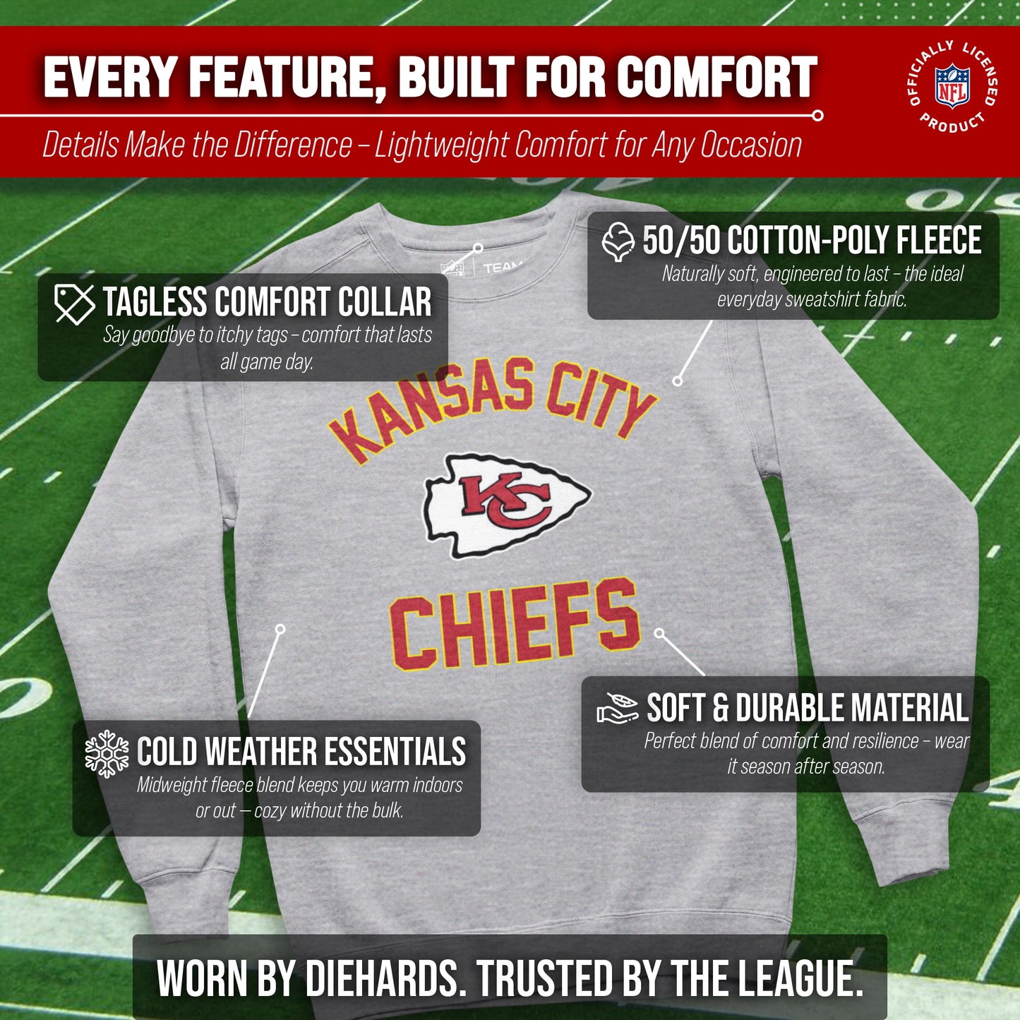Kansas City Chiefs NFL Adult Gameday Football Crewneck Sweatshirt - Sport Gray