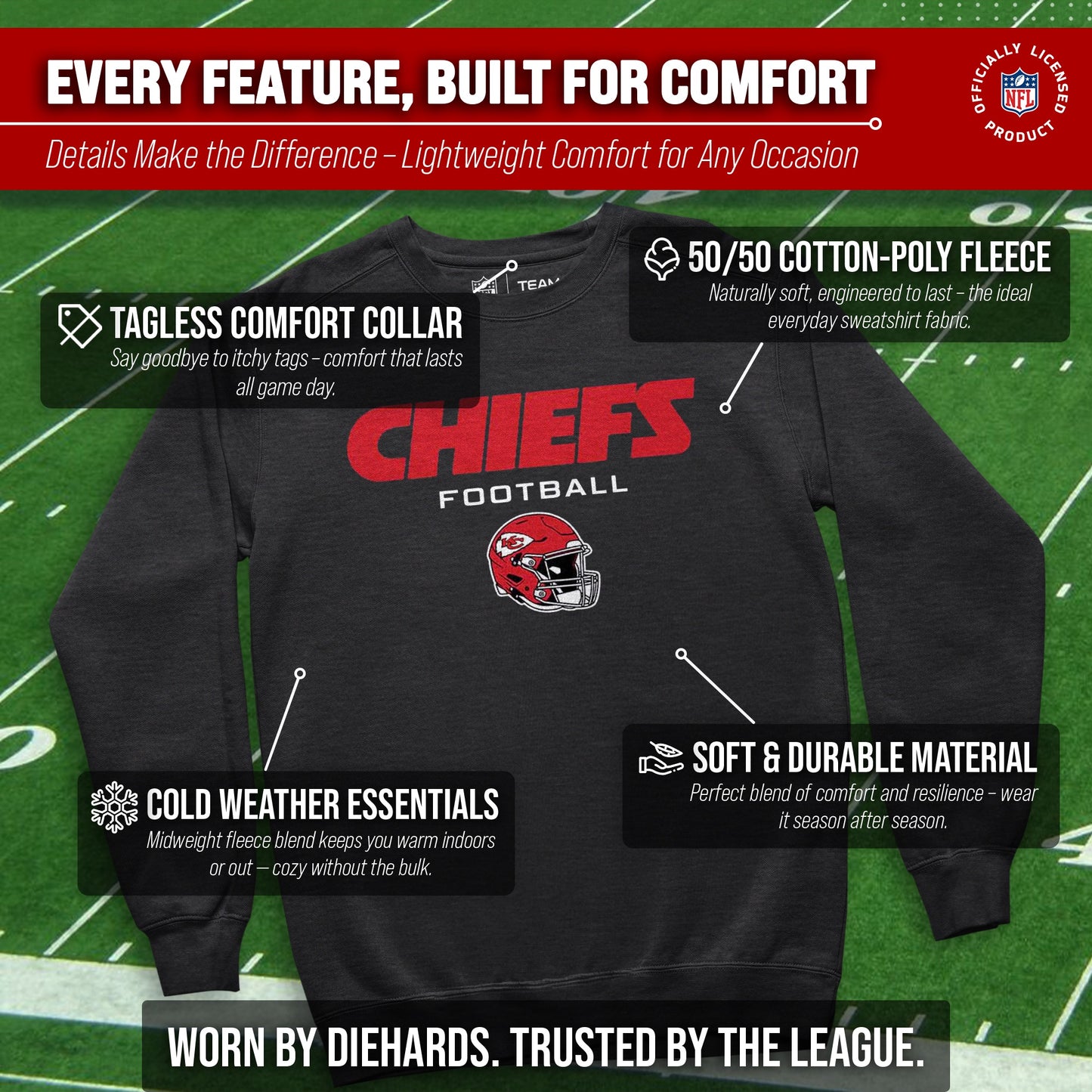 Kansas City Chiefs Adult NFL Football Helmet Heather Crewneck Sweatshirt - Charcoal