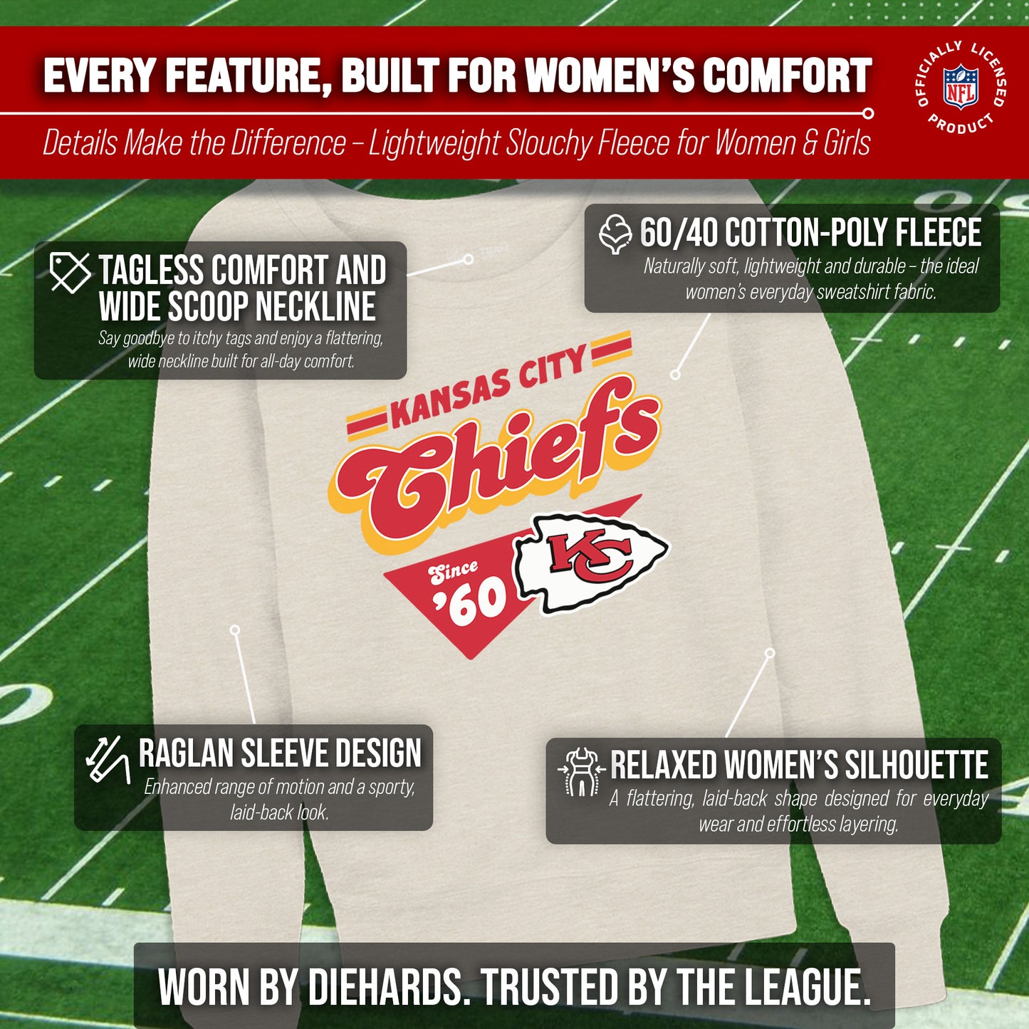Kansas City Chiefs NFL Womens Vintage Charm French Terry Slouchy Top - Birch