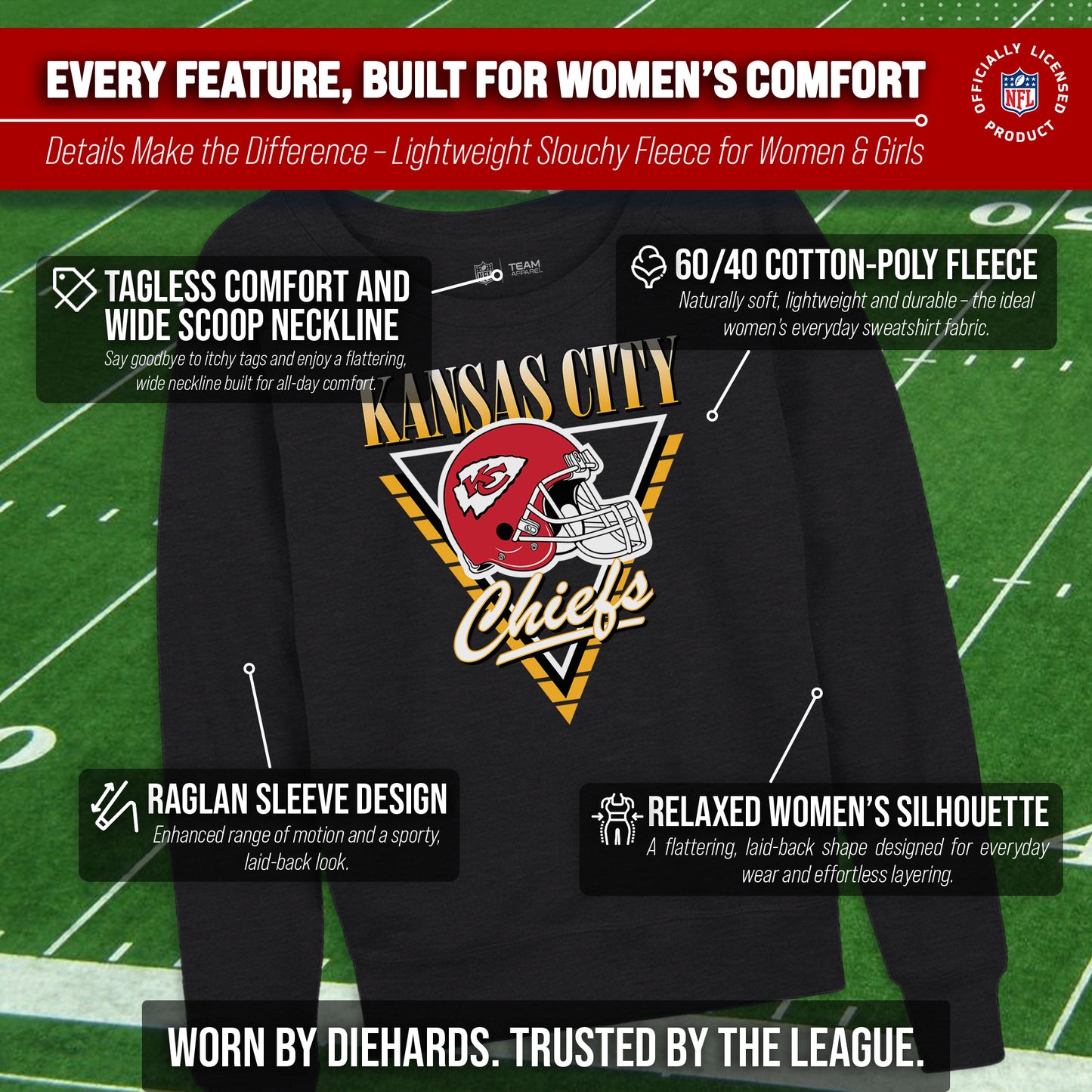 Kansas City Chiefs NFL Womens Retro Triangle French Terry Slouchy Top- Raglan Sleeves - Heather Charcoal