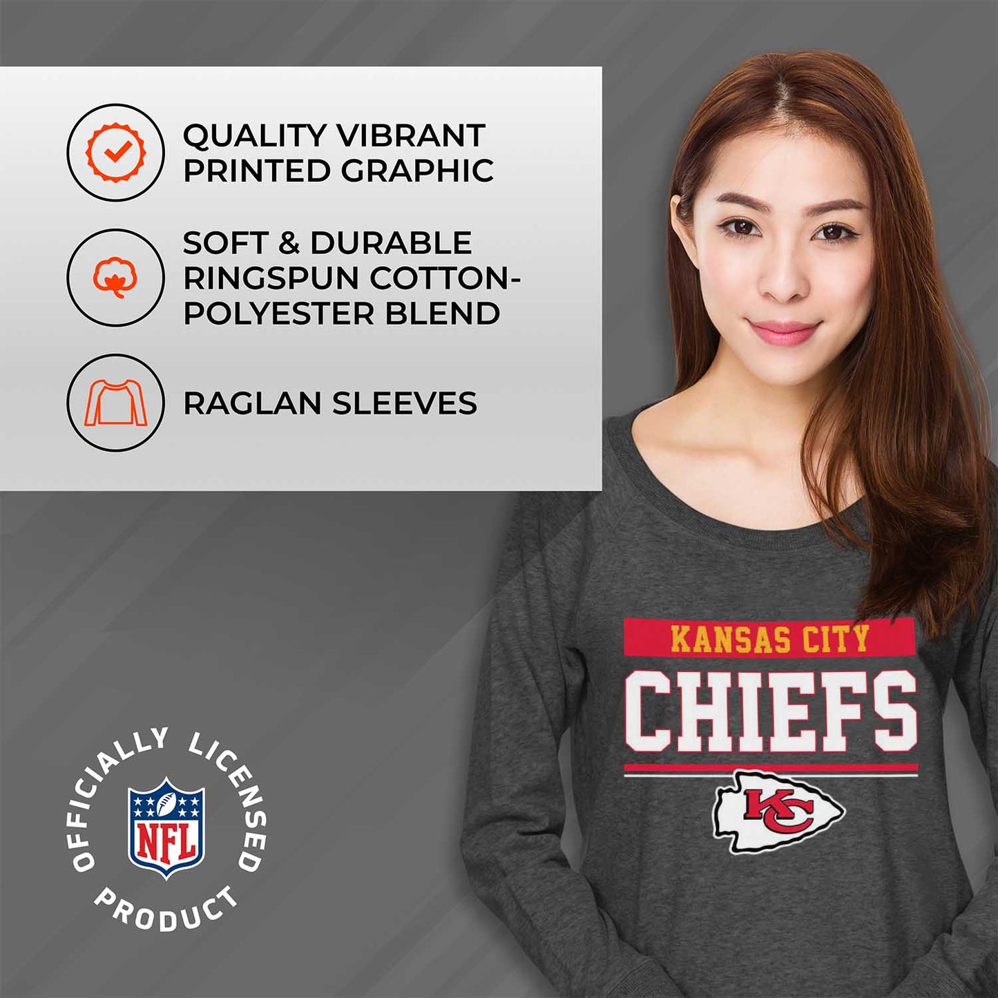 Kansas City Chiefs NFL Womens Team Block French Terry Slouchy Top - Charcoal