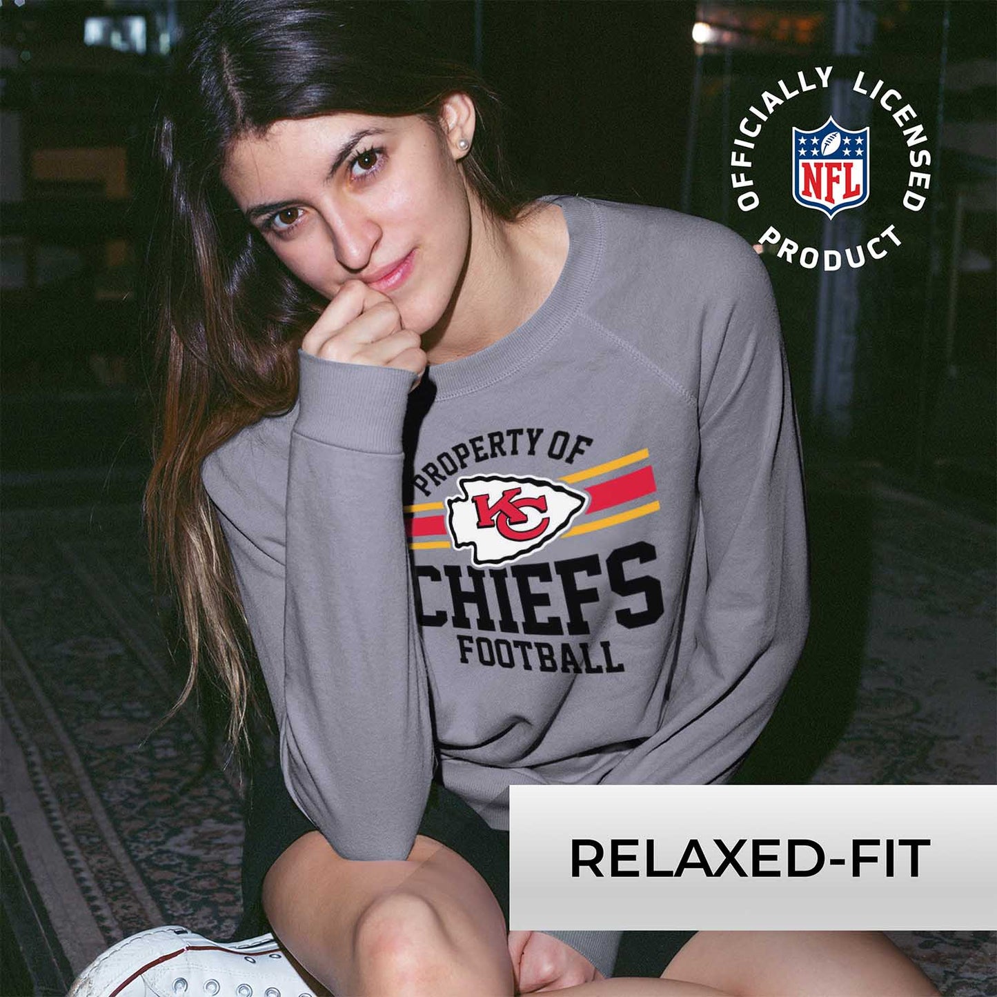 Kansas City Chiefs NFL Womens Property of Lighweight Crew Neck - Sport Gray