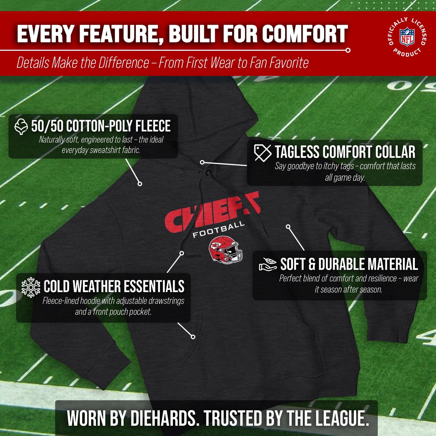 Kansas City Chiefs Adult NFL Football Helmet Heather Hooded Sweatshirt  - Charcoal