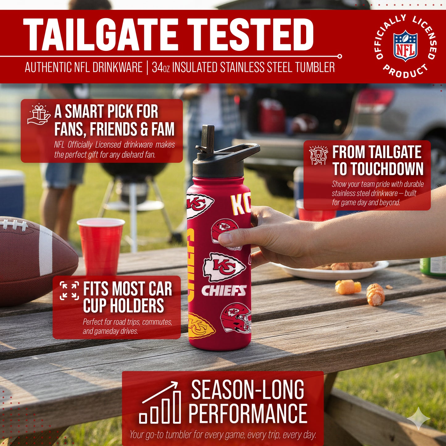 Kansas City Chiefs NFL 34oz Quencher Stainless Steel Insulated Water Bottle - Red