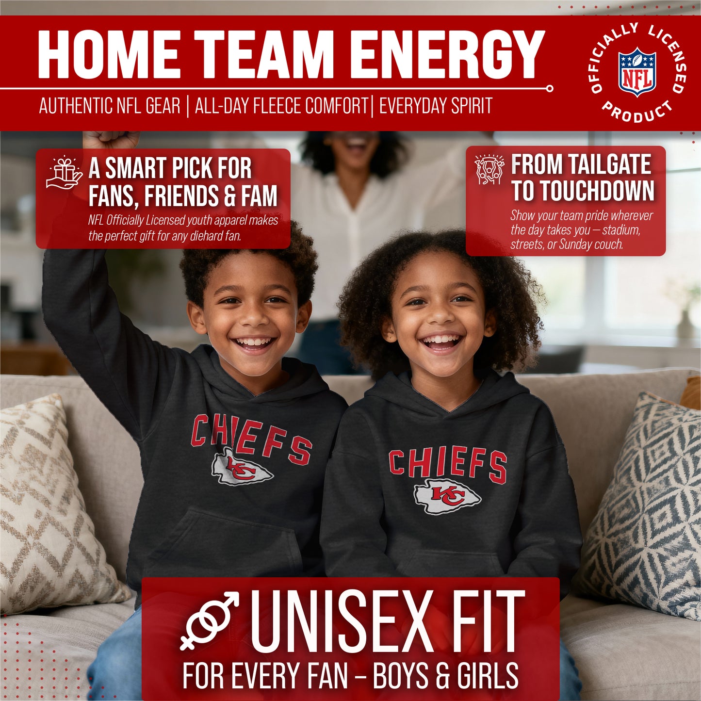 Kansas City Chiefs NFL Youth Home Team Hoodie- Kids Hooded Sweatshirt - Black