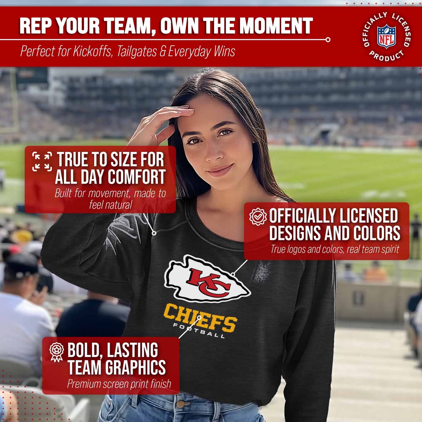 Kansas City Chiefs NFL Womens Ultimate Fan French Terry Slouchy Top- Raglan Sleeves - Charcoal