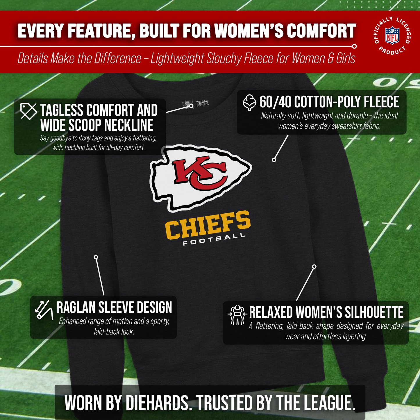Kansas City Chiefs NFL Womens Ultimate Fan French Terry Slouchy Top- Raglan Sleeves - Charcoal