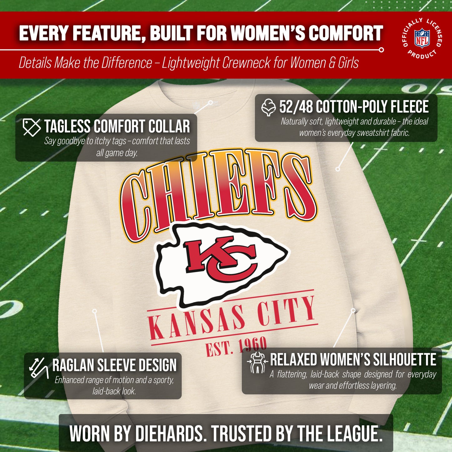 Kansas City Chiefs Womens NFL Starstruck Crewneck Pullover - Cream