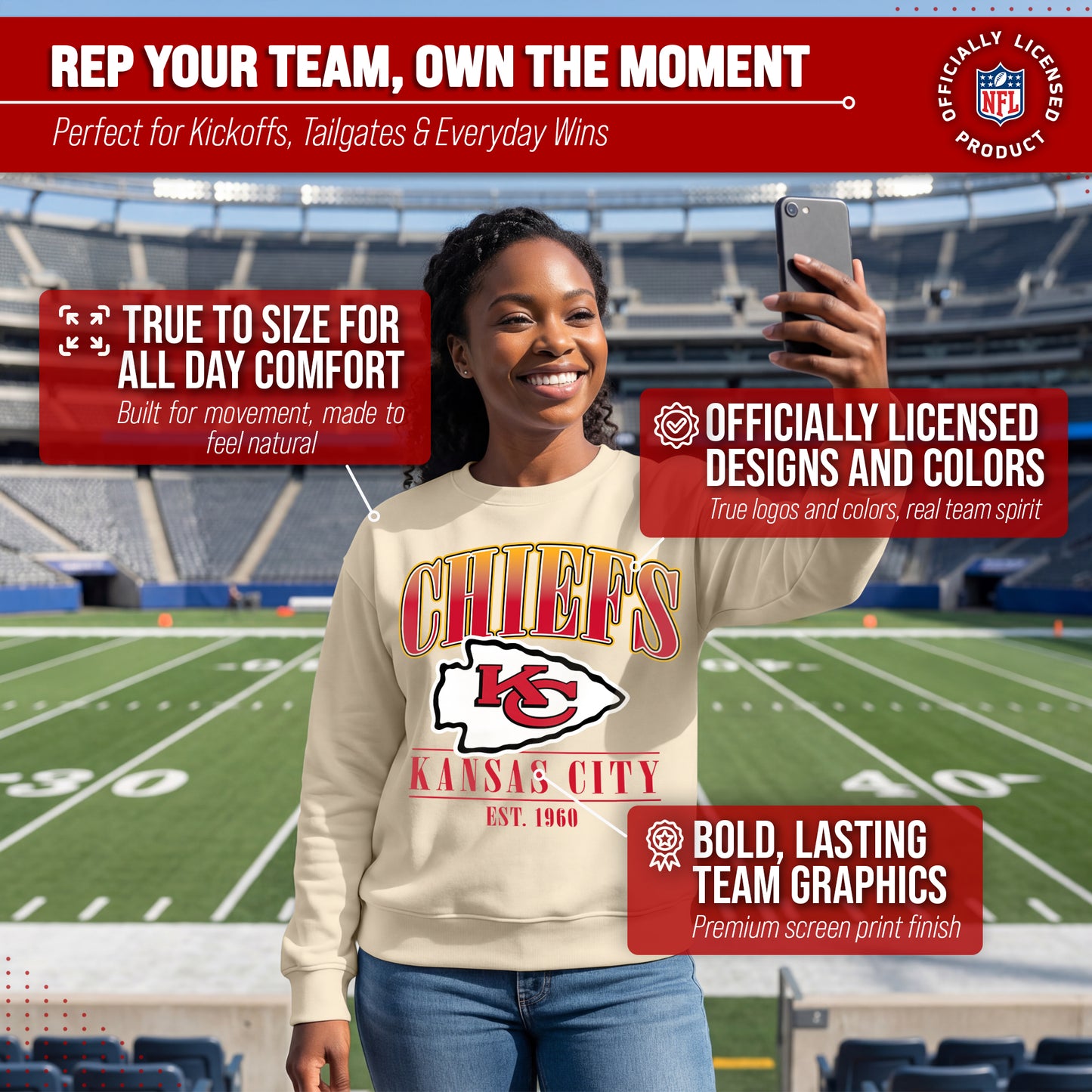 Kansas City Chiefs Womens NFL Starstruck Crewneck Pullover - Cream