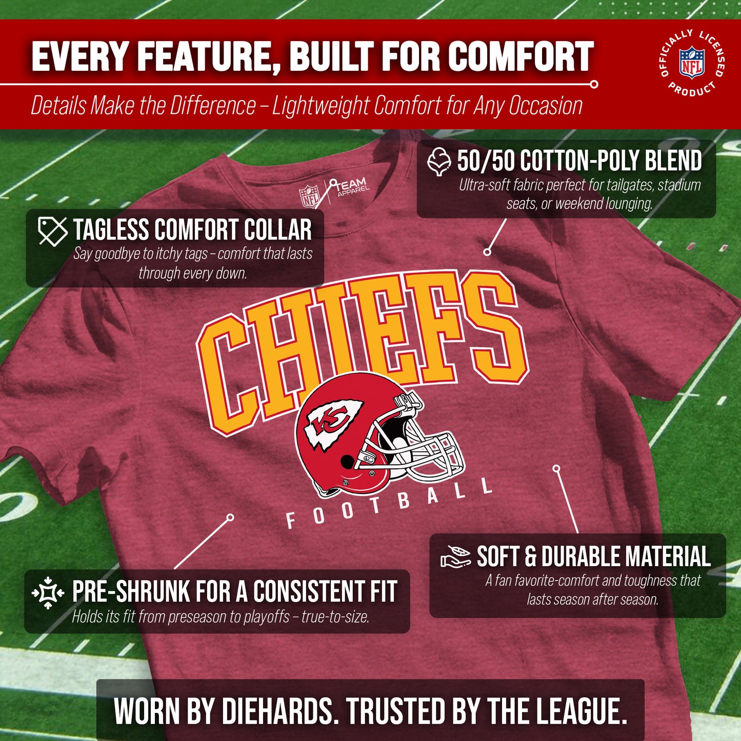 Kansas City Chiefs NFL Adult All Star Heather Tag-Less T-Shirt - Red Heather