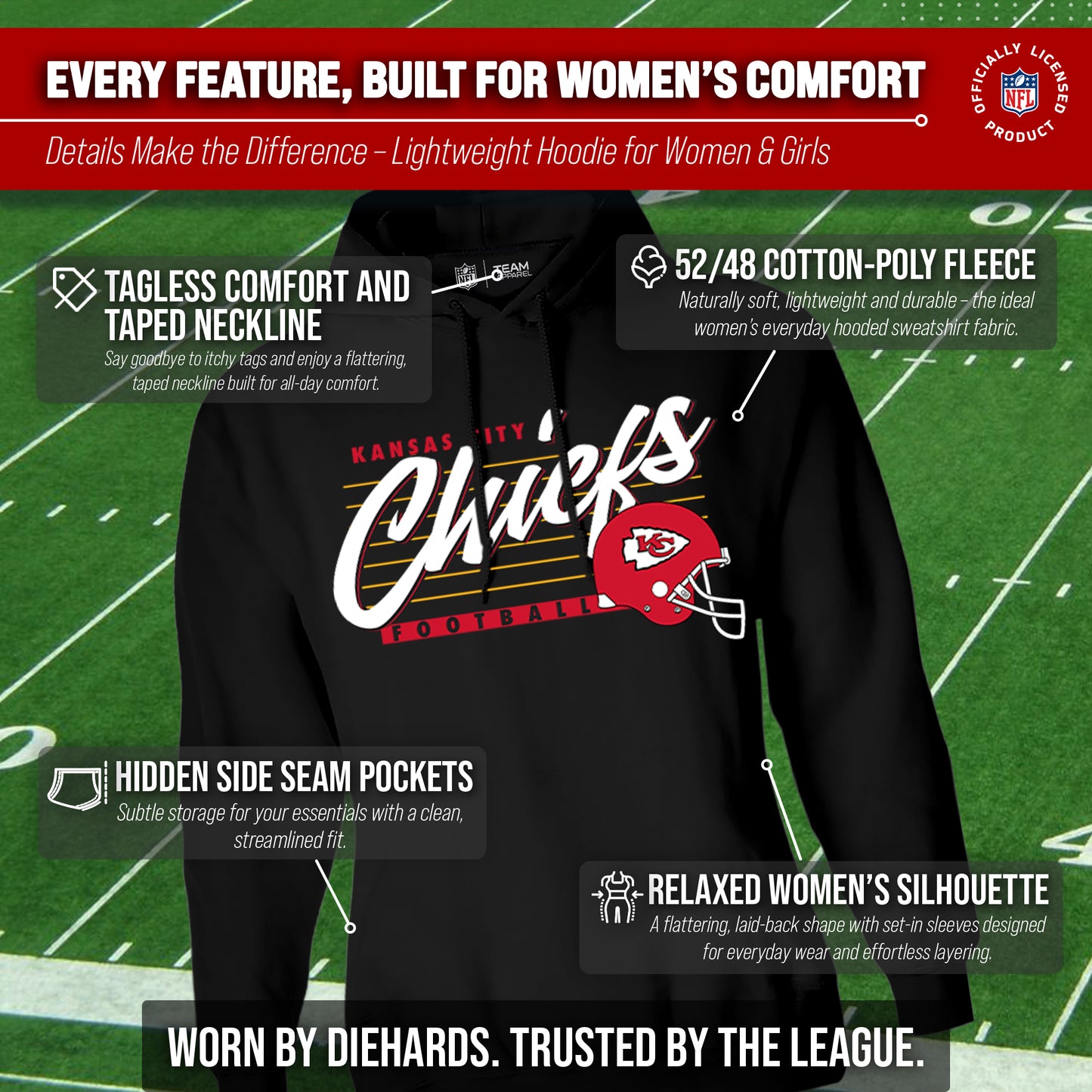 Kansas City Chiefs Ladies NFL Scrimmage Line Fleece Pullover Hooded Sweatshirt - Black