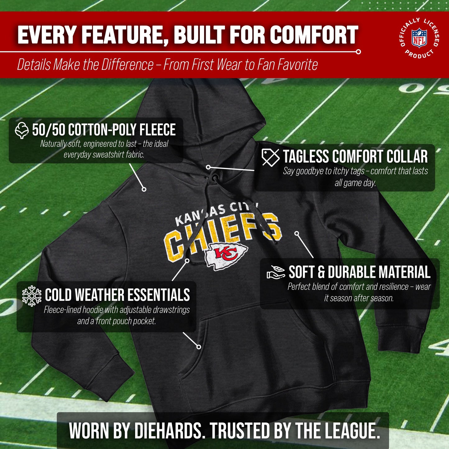 Kansas City Chiefs NFL Adult Unisex Starting Fresh Ultra Soft Fleece Hooded Sweatshirt - Black Heather