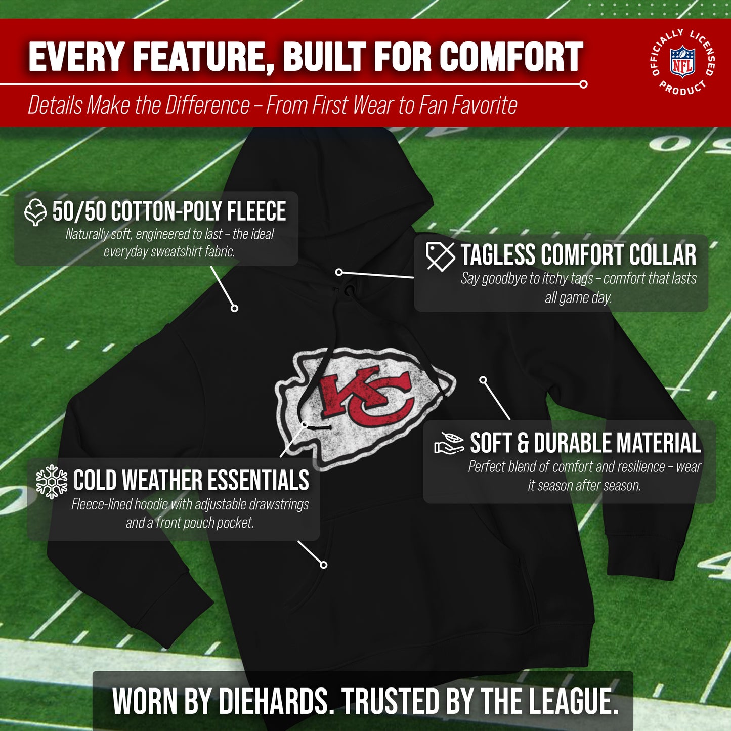 Kansas City Chiefs NFL Adult Unisex Modern Throwback Ultra Soft Fleece Hooded Sweatshirt - Black