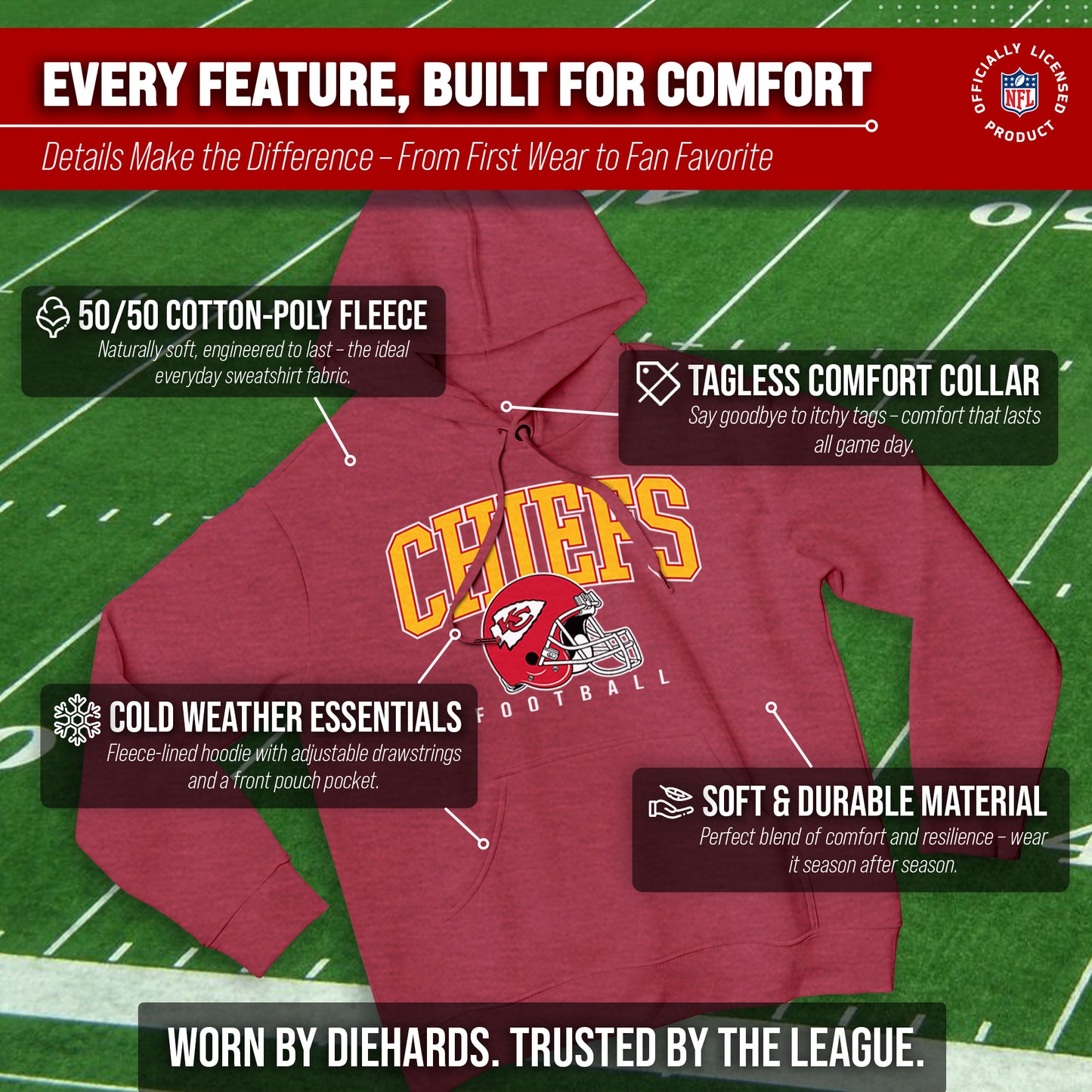 Kansas City Chiefs NFL Adult Unisex All Star Soft Fleece Hooded Sweatshirt - Red Heather