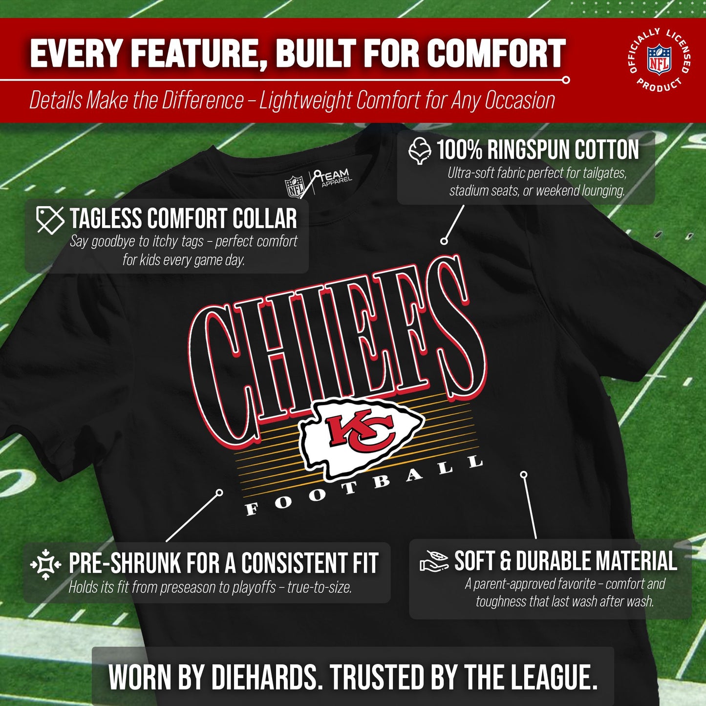 Kansas City Chiefs NFL Youth Overtime Blueprint Football T-Shirt Unisex Tag Free Comfortable - Black