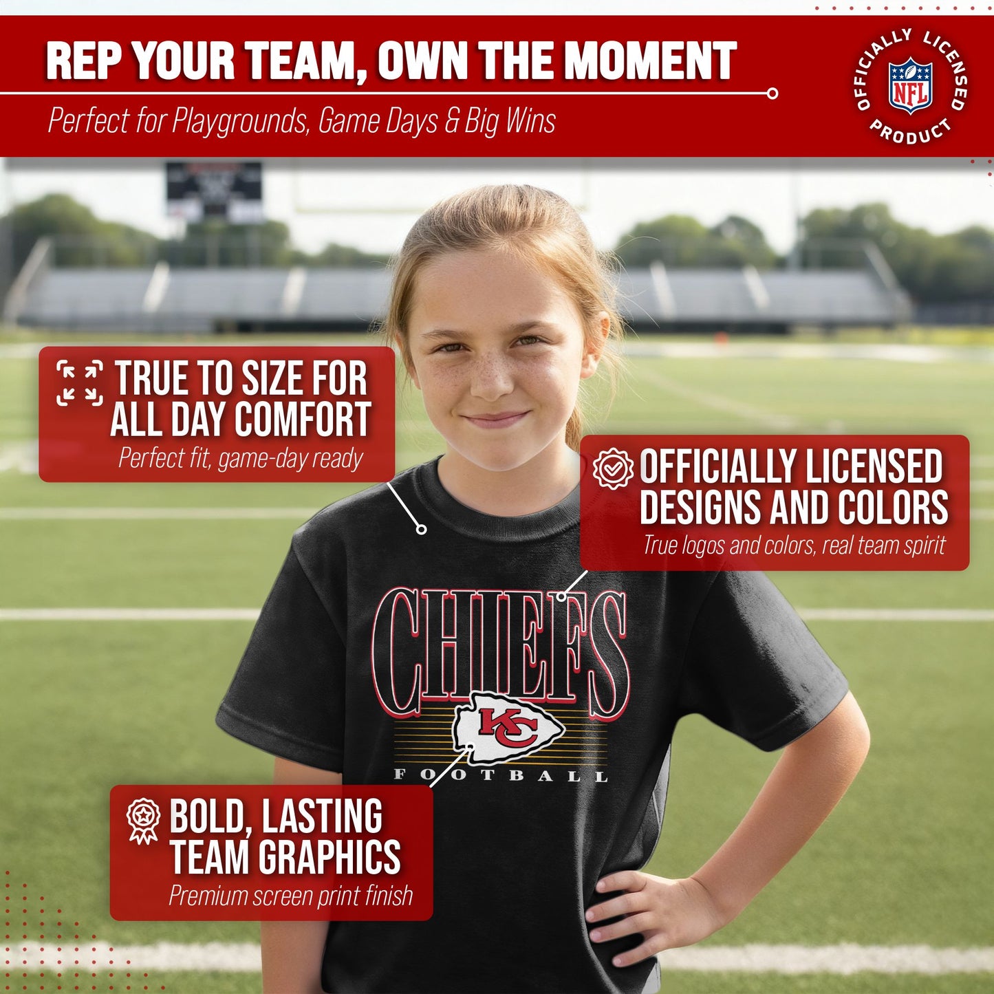 Kansas City Chiefs NFL Youth Overtime Blueprint Football T-Shirt Unisex Tag Free Comfortable - Black