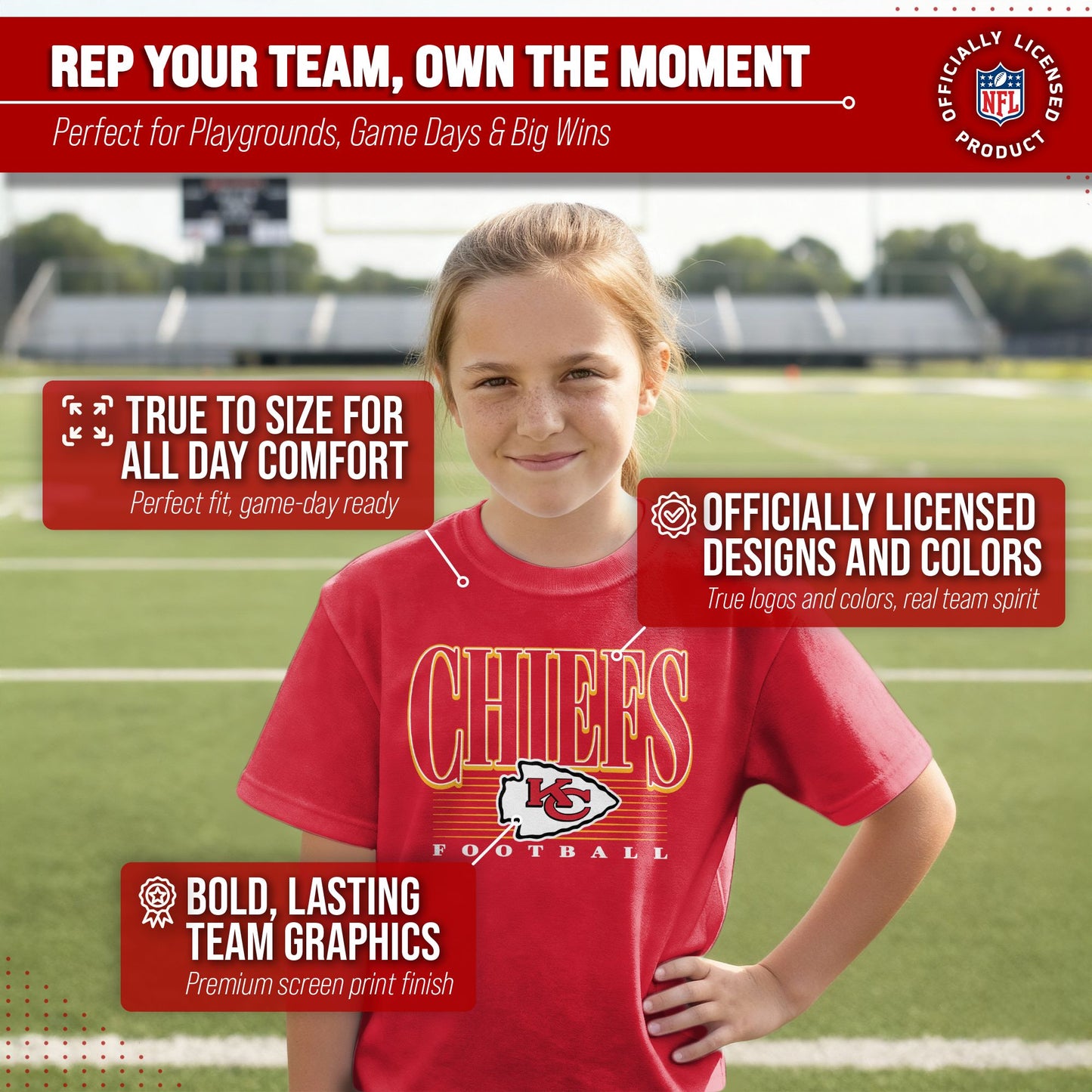 Kansas City Chiefs NFL Youth Overtime Blueprint Football T-Shirt Unisex Tag Free Comfortable - Red