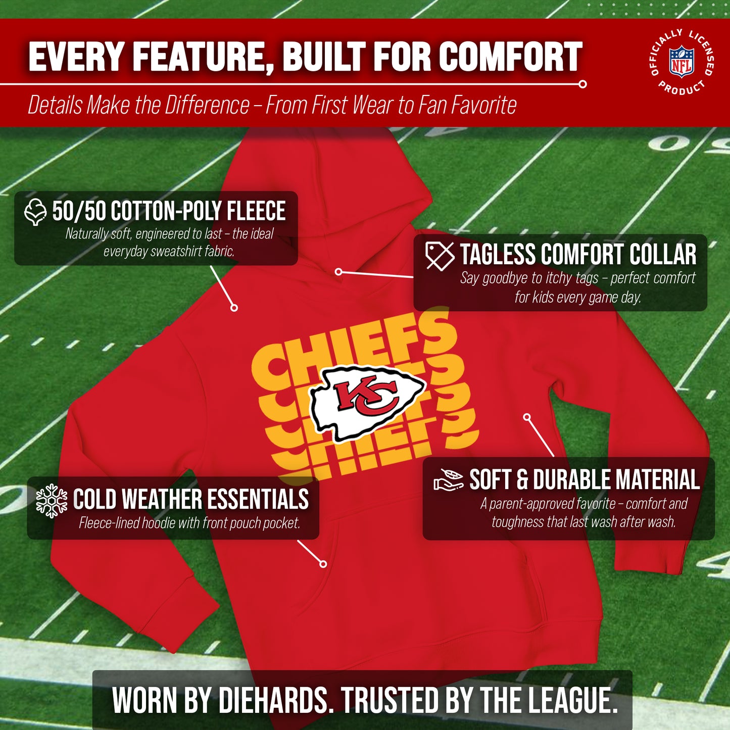 Kansas City Chiefs NFL Youth Repeating Logo Football Fleece Hooded Sweatshirt - Red