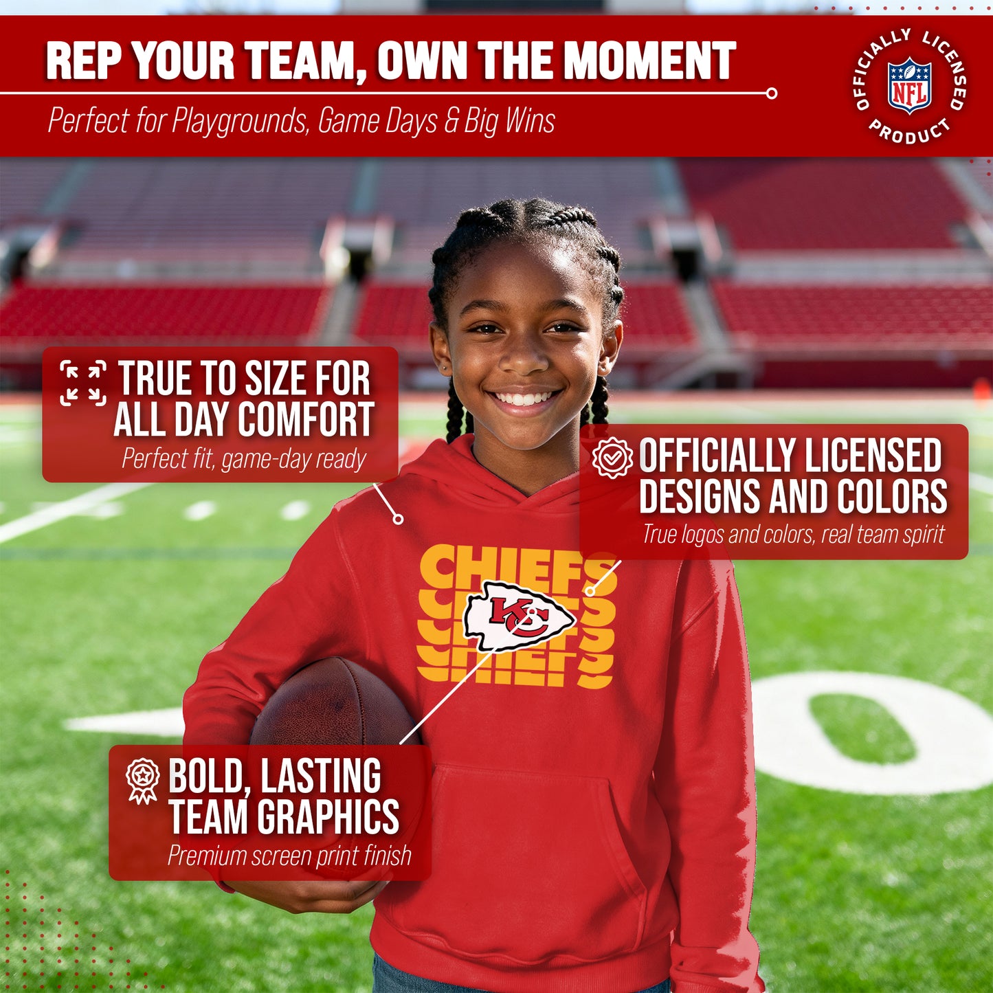 Kansas City Chiefs NFL Youth Repeating Logo Football Fleece Hooded Sweatshirt - Red