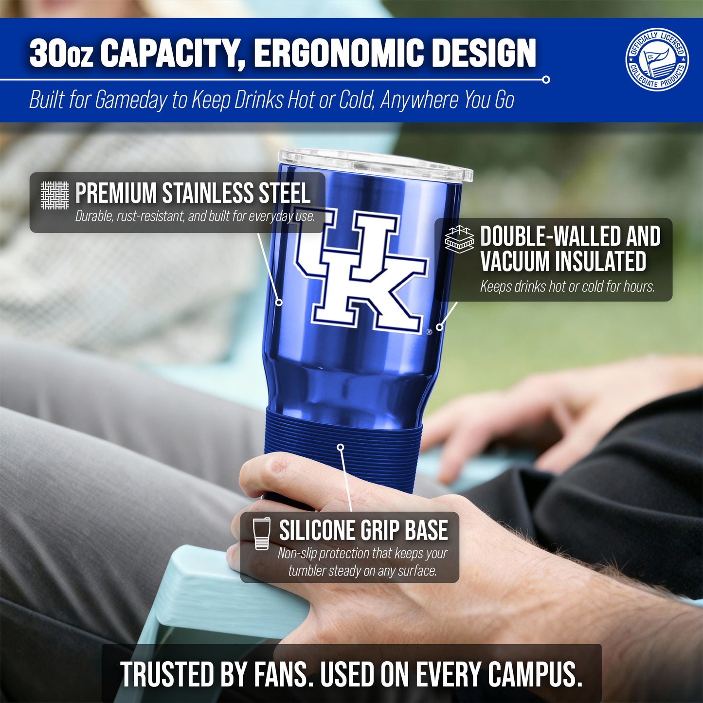 Kentucky Wildcats NCAA University 30oz Stainless Steel Vacuum Insulated Game Day Tumbler with Silicone Grip - Royal