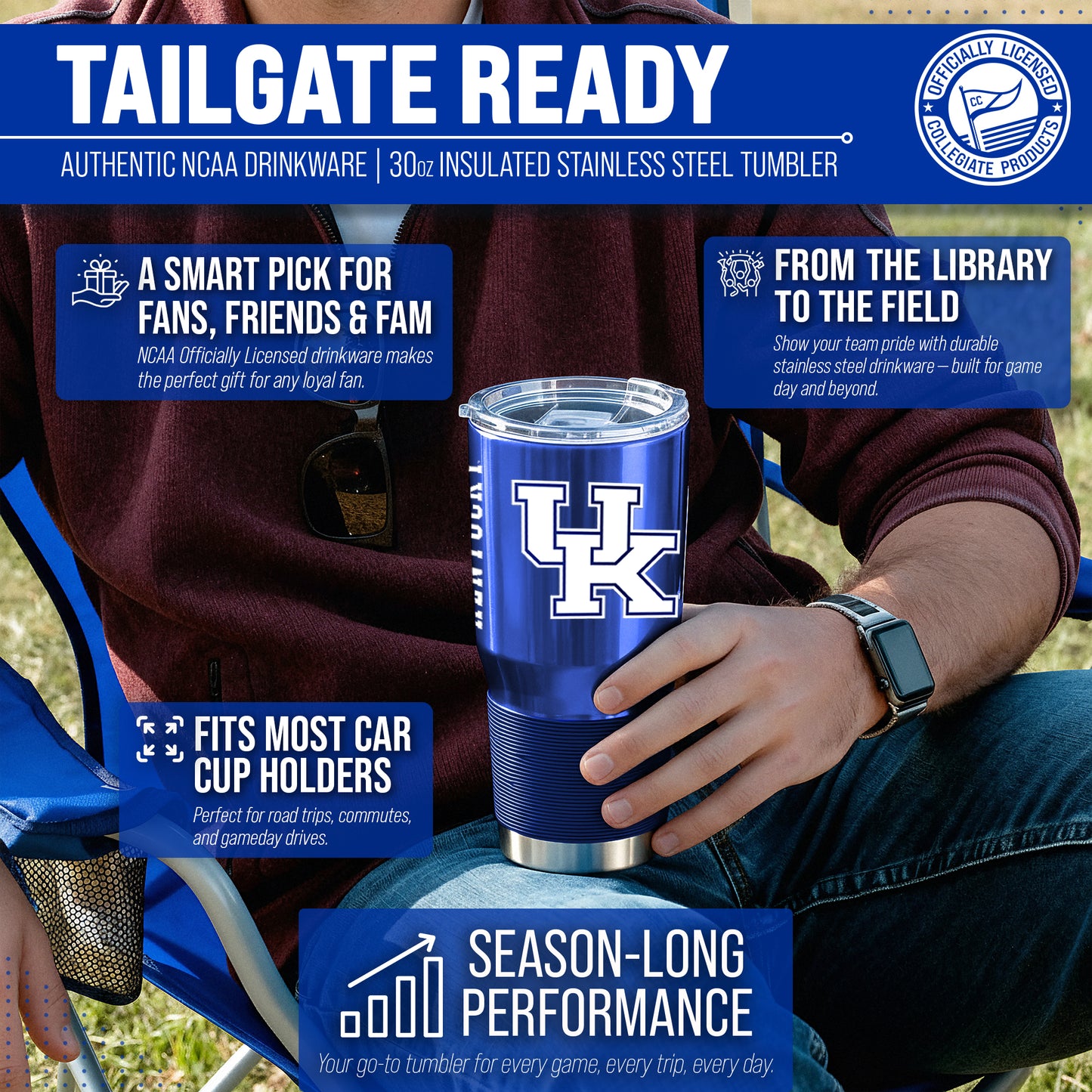 Kentucky Wildcats NCAA University 30oz Stainless Steel Vacuum Insulated Game Day Tumbler with Silicone Grip - Royal
