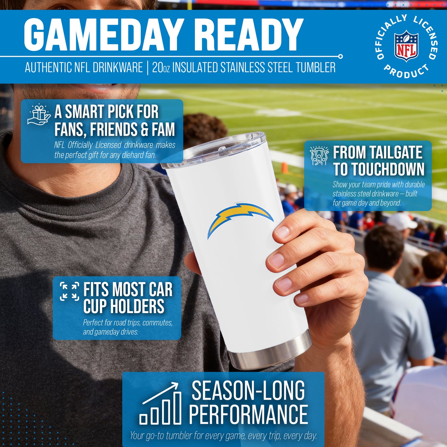 Los Angeles Chargers NFL 20oz Gameday Stainless Steel Tumbler - White