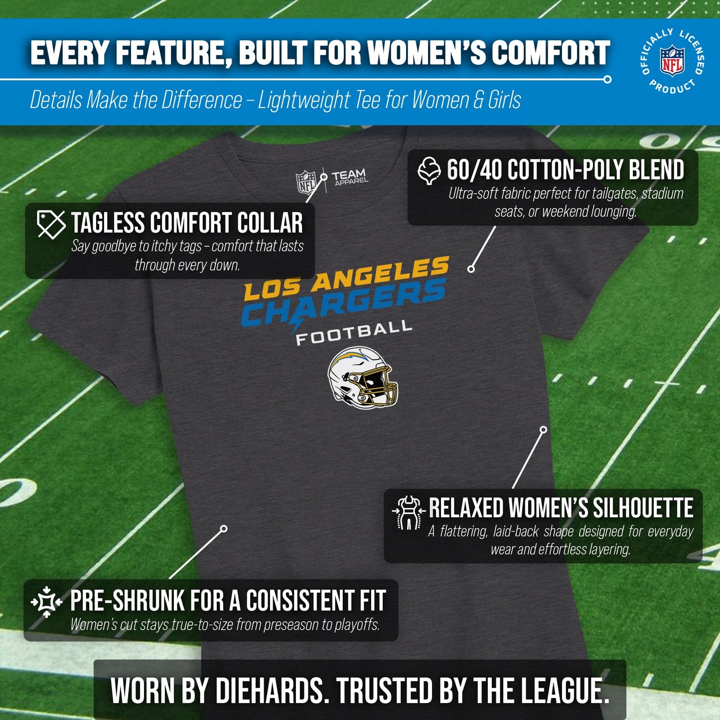 Los Angeles Chargers Women's NFL Football Helmet Short Sleeve Tagless T-Shirt - Charcoal