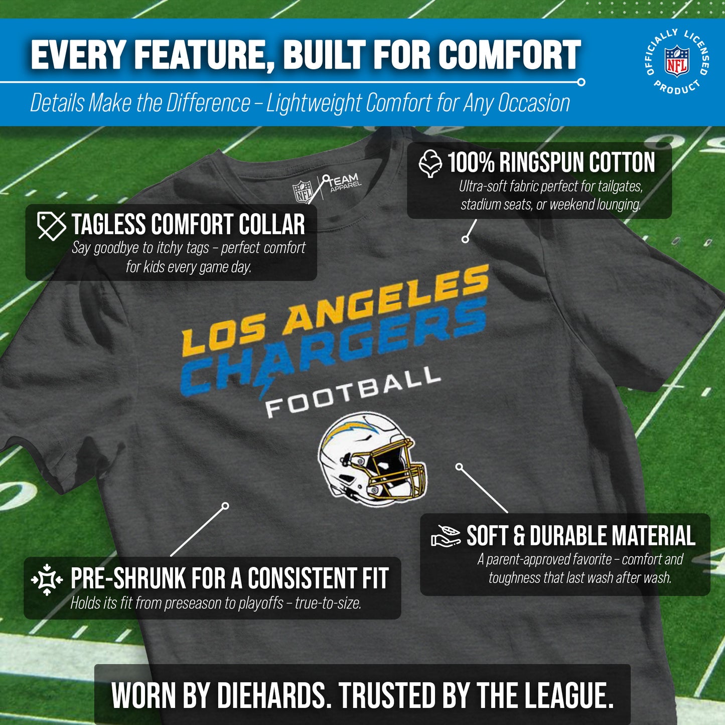 Los Angeles Chargers NFL Youth Football Helmet Tagless T-Shirt - Charcoal